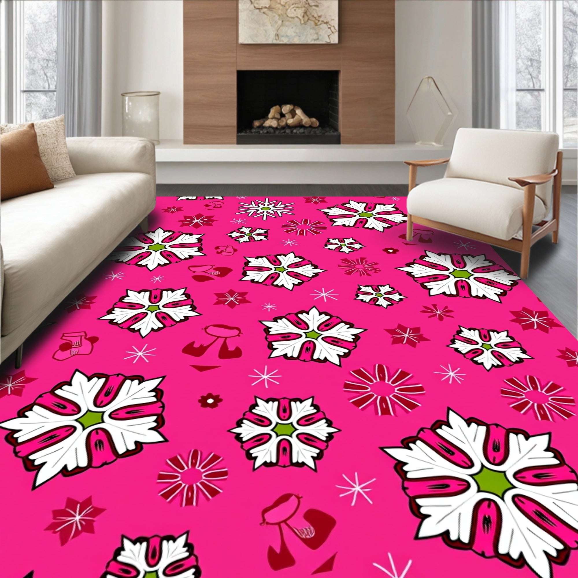 Funky Fuchsia Floral Snowflake Medley Rug