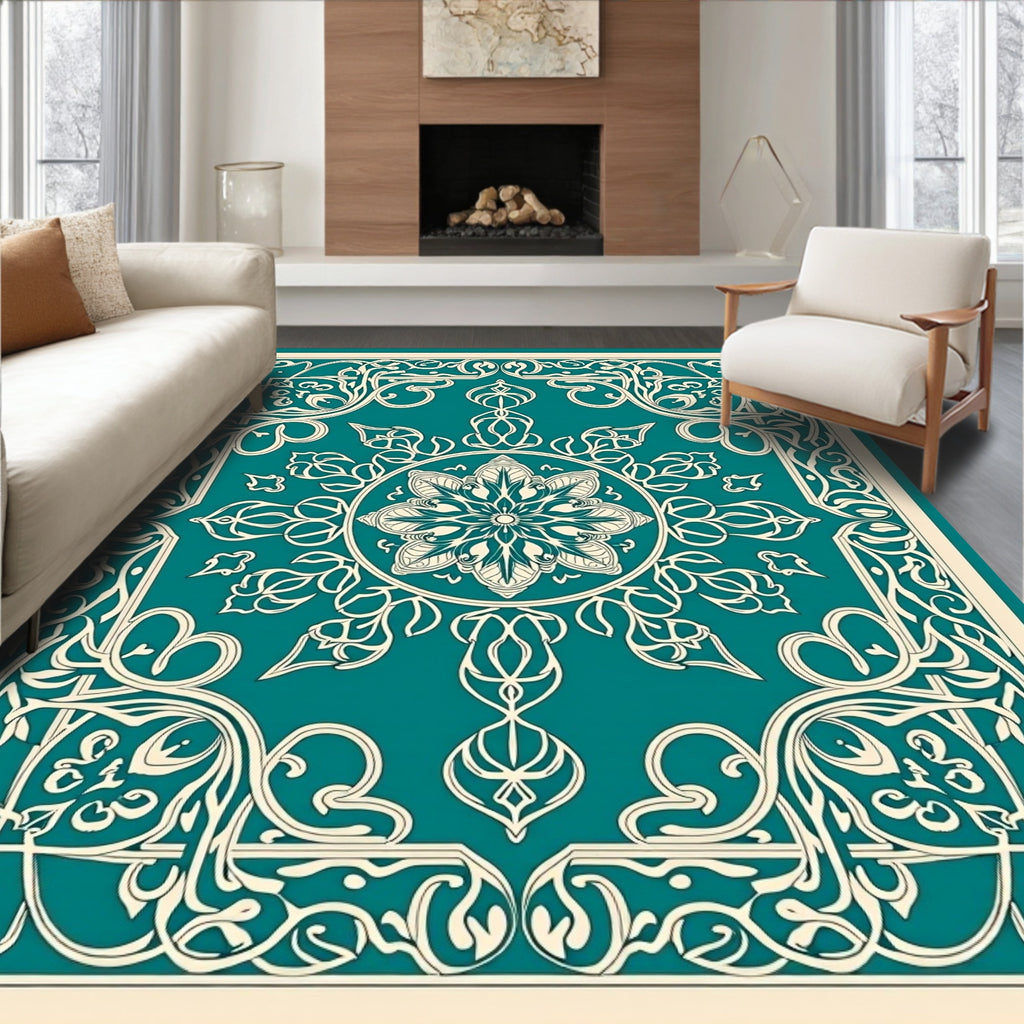 Ornate Teal Mandala Floral Design Rug