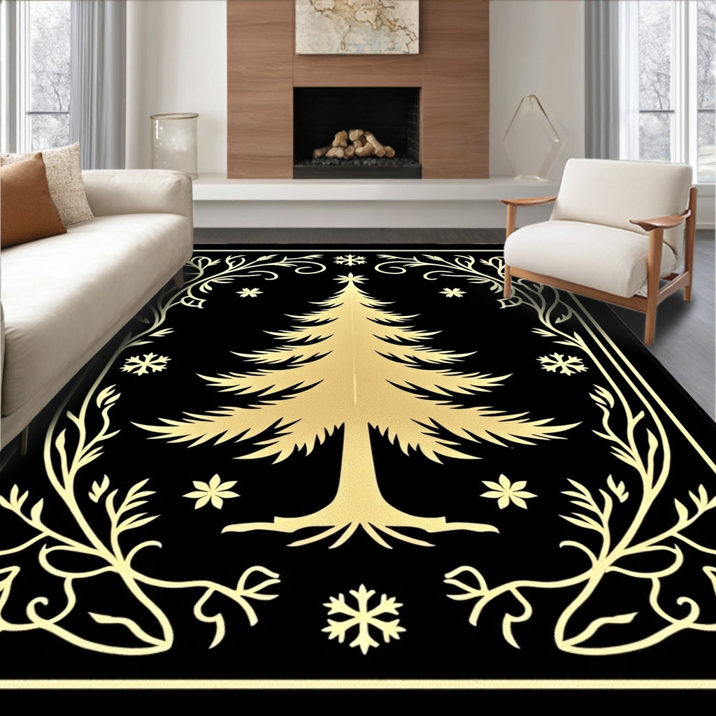 Black Gold Christmas Tree Snowflakes Border Rug
