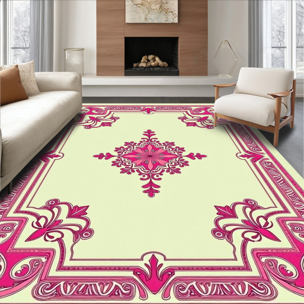 Pink Floral Border Medallion Design Rug