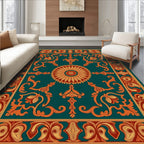 Ornate Floral Scrollwork Teal Rug