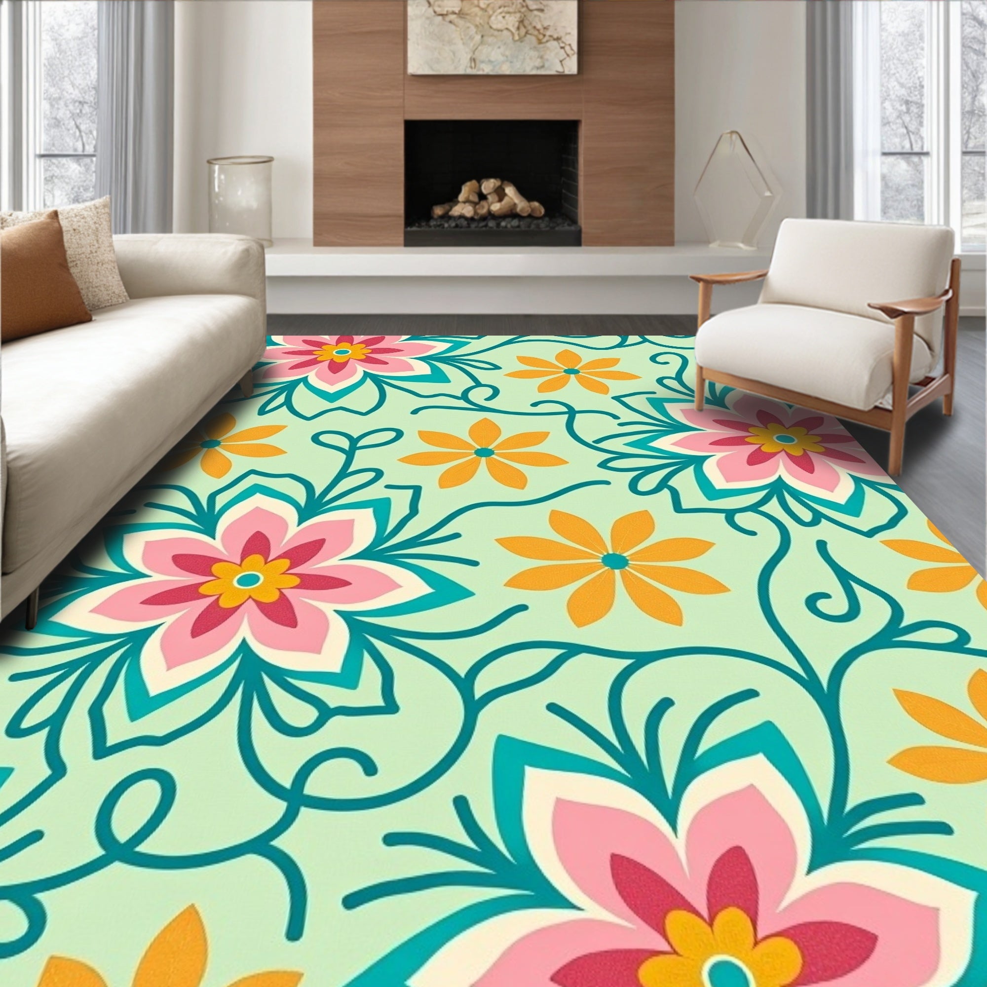 Retro Floral Swirls Pattern Rug