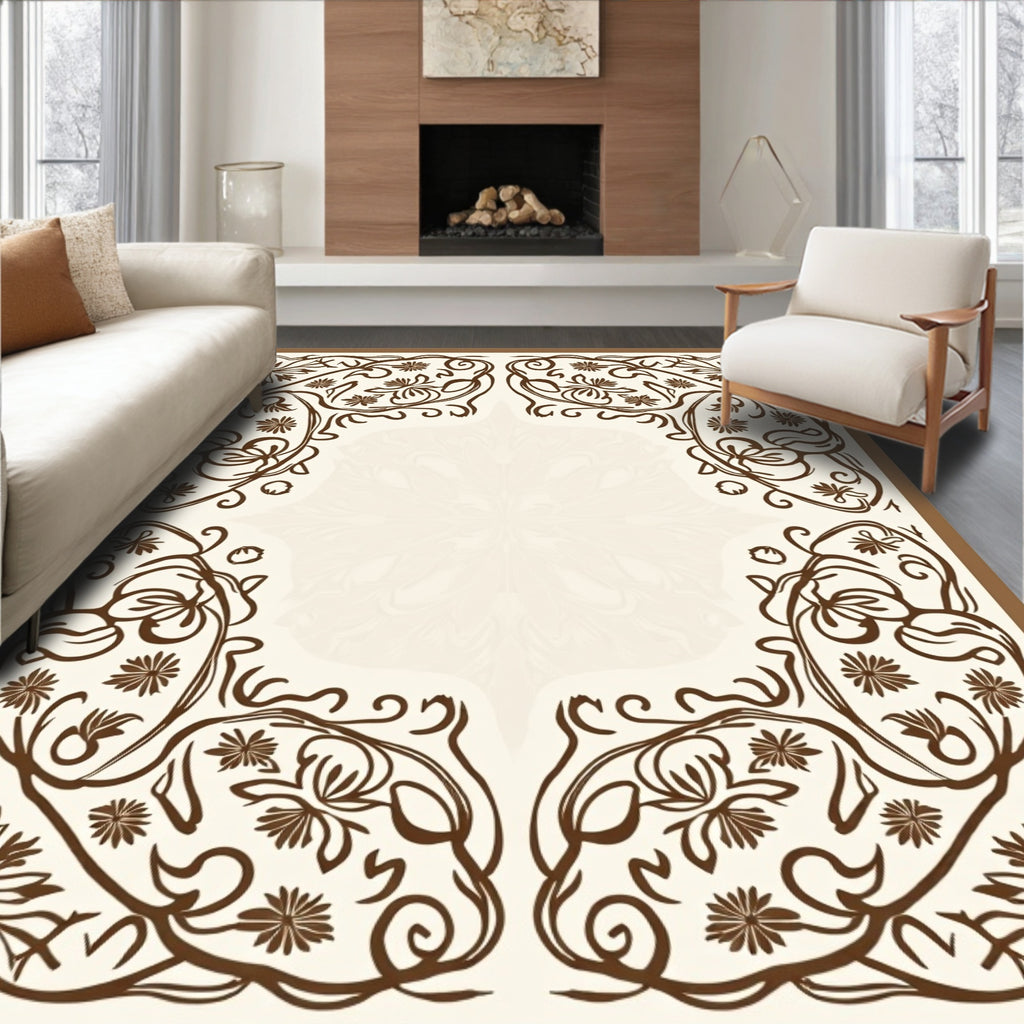 Floral Swirls Brown Cream Ornament Rug