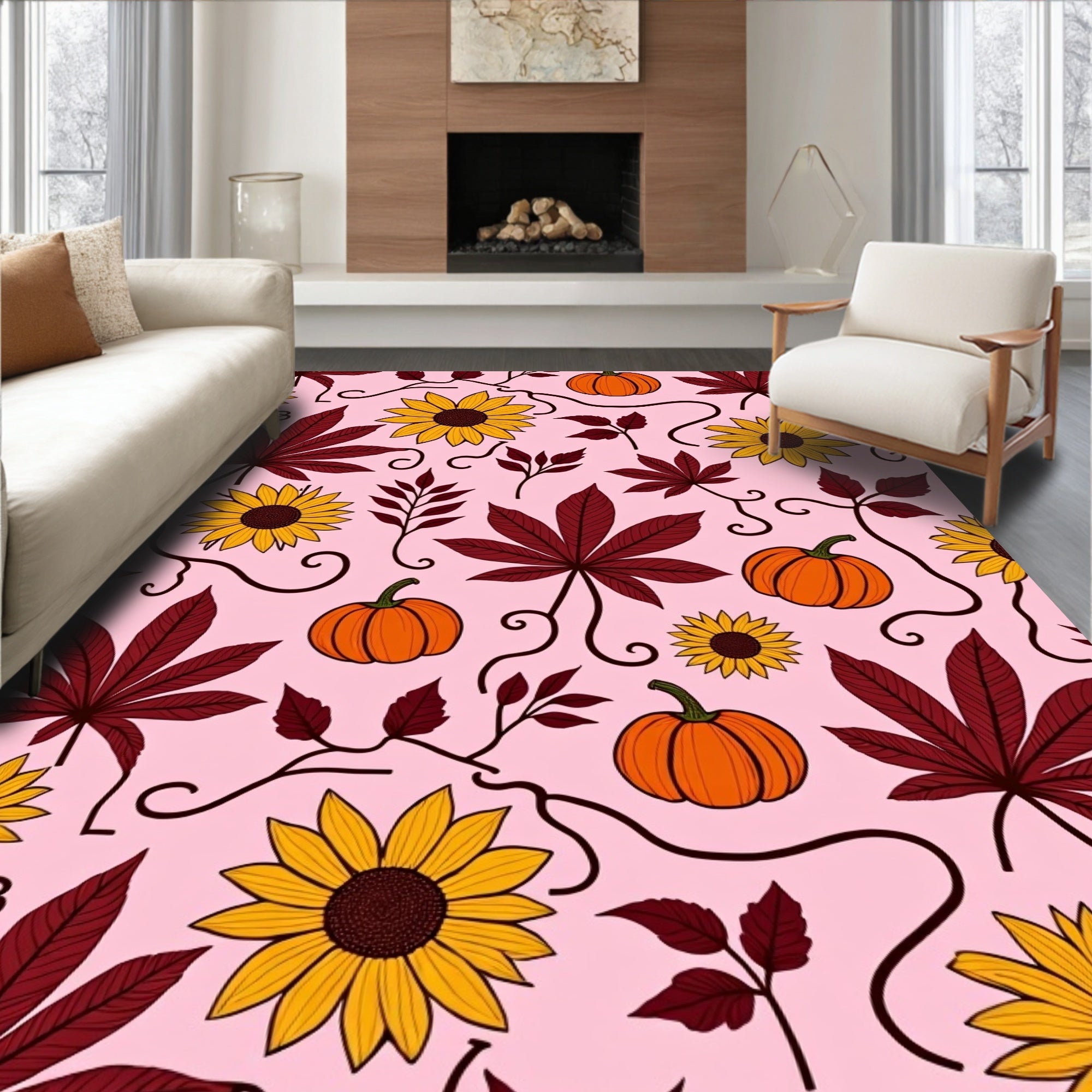 Autumn Leaves and Sunflowers Pattern Rug