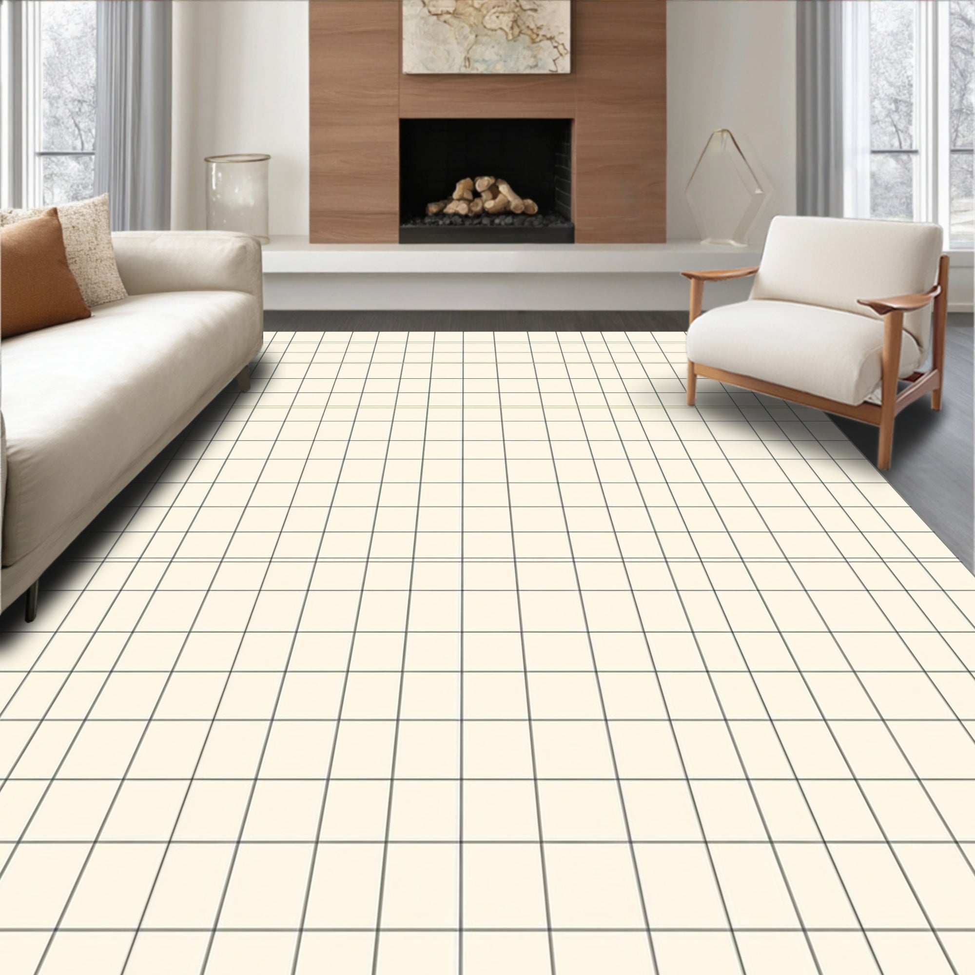 Minimalist Cream Grid Pattern Rug