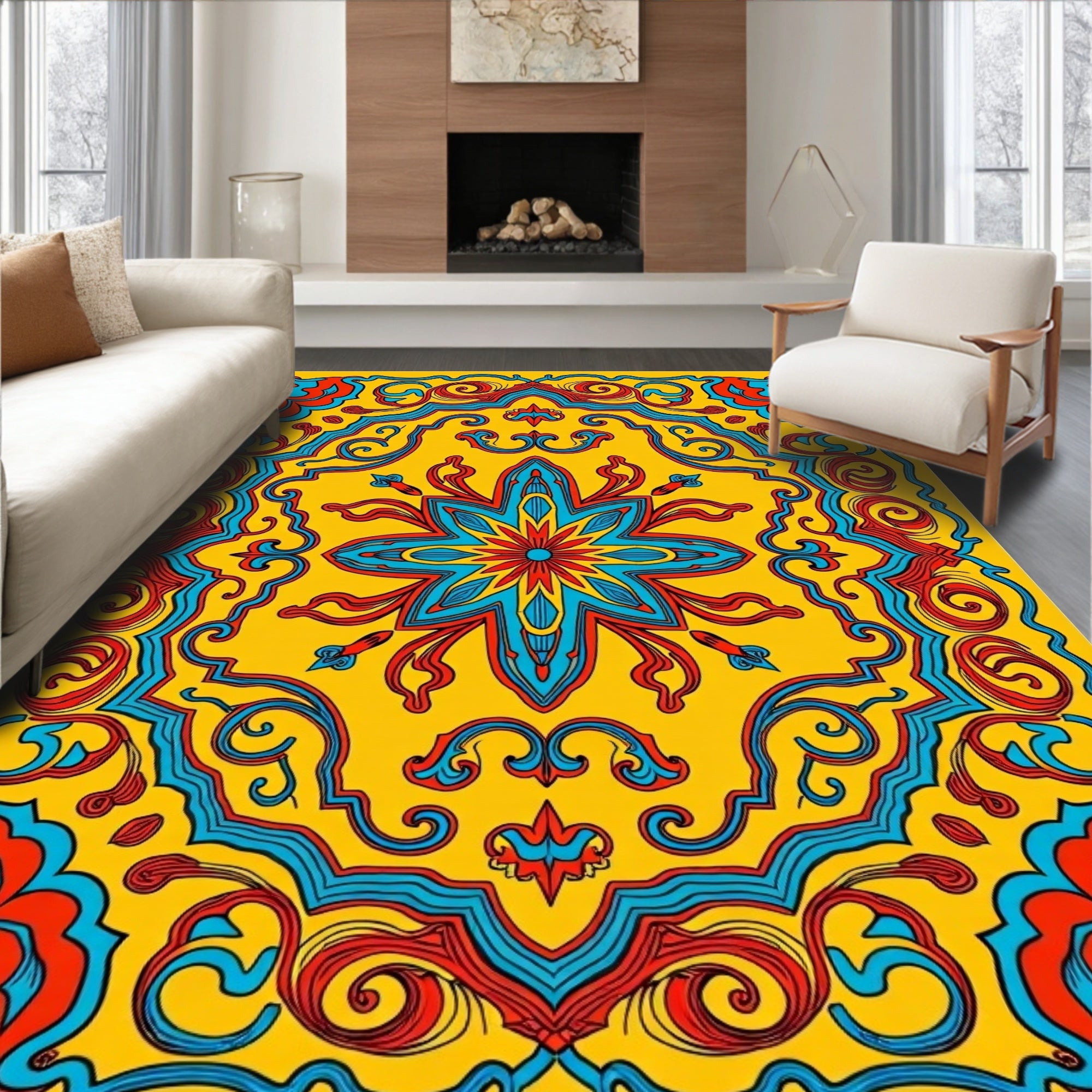 Sunny Yellow Red Blue Floral Pattern Rug