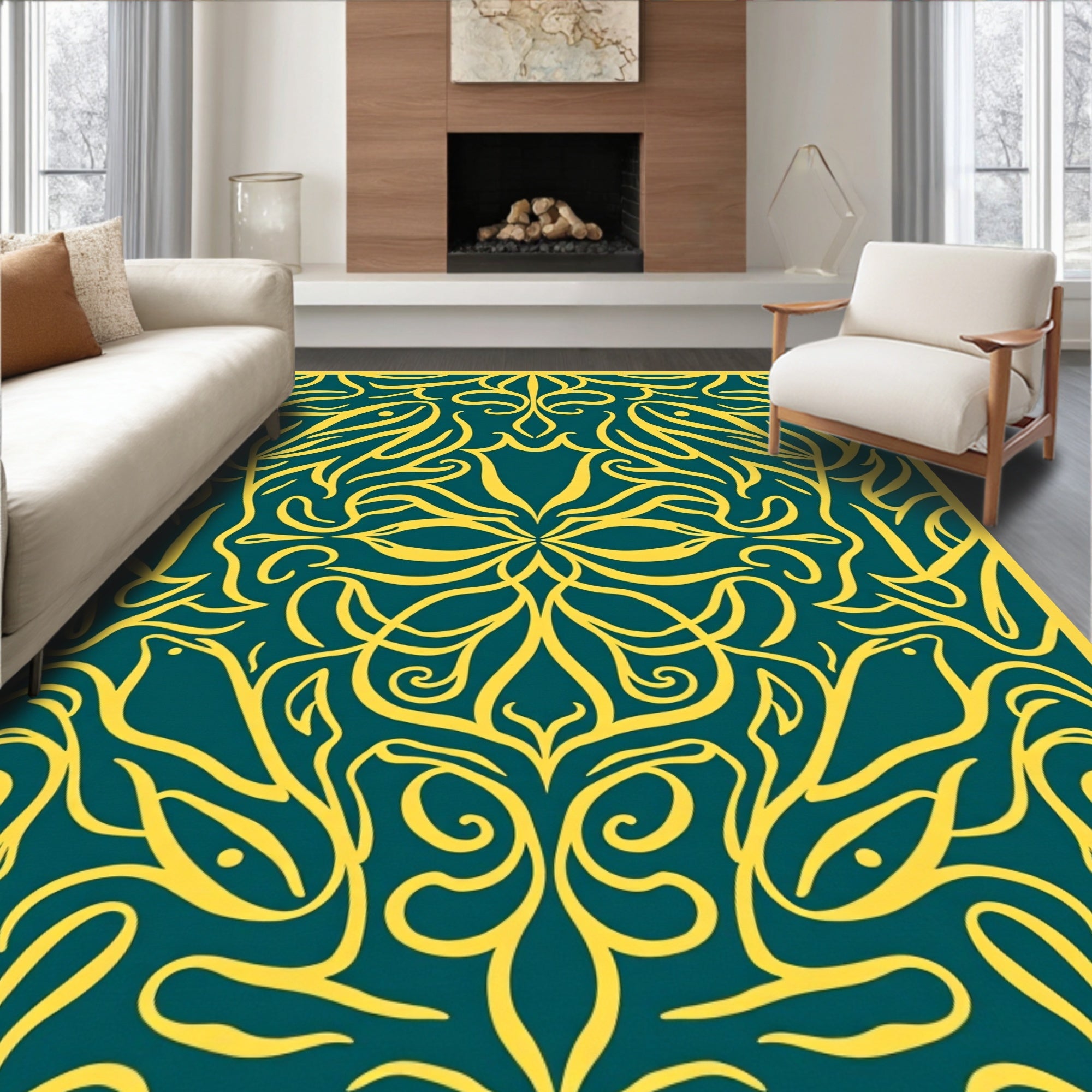 Artistic Yellow Teal Floral Pattern Rug