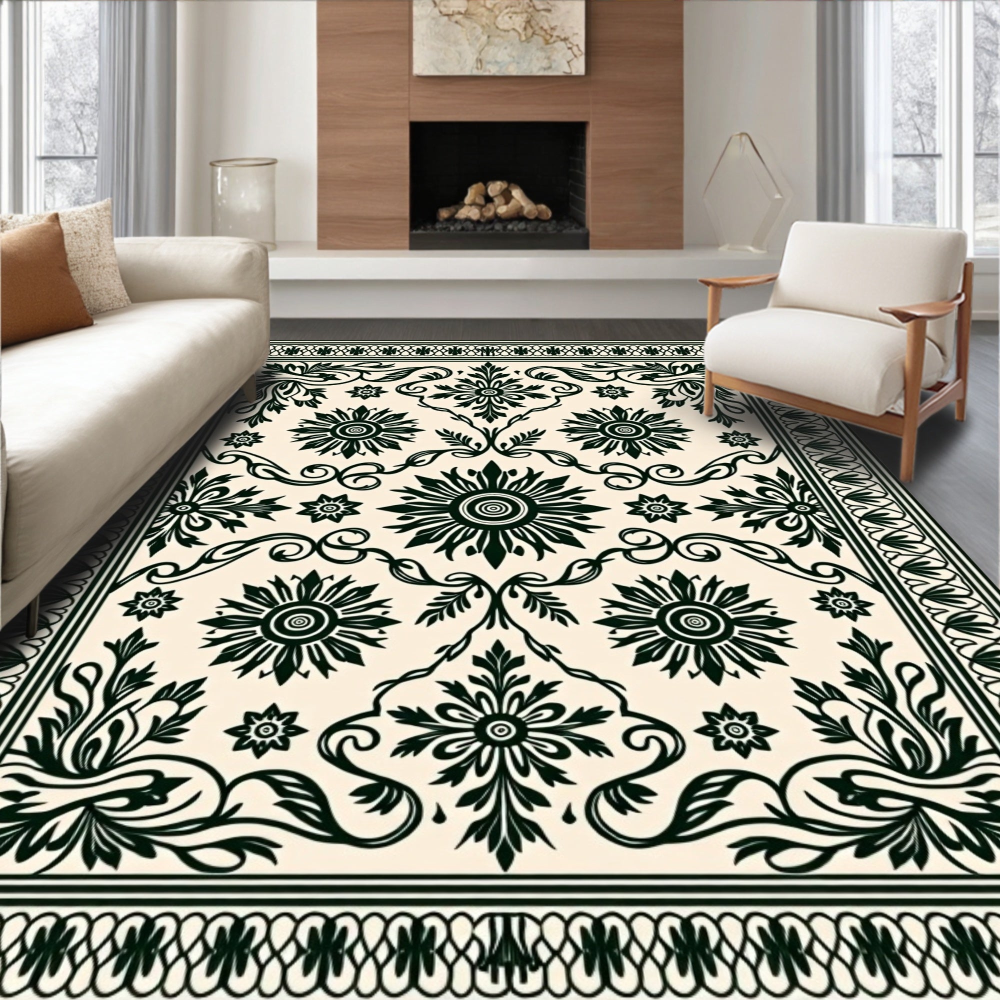 Classic Black Floral Scrollwork Pattern Rug