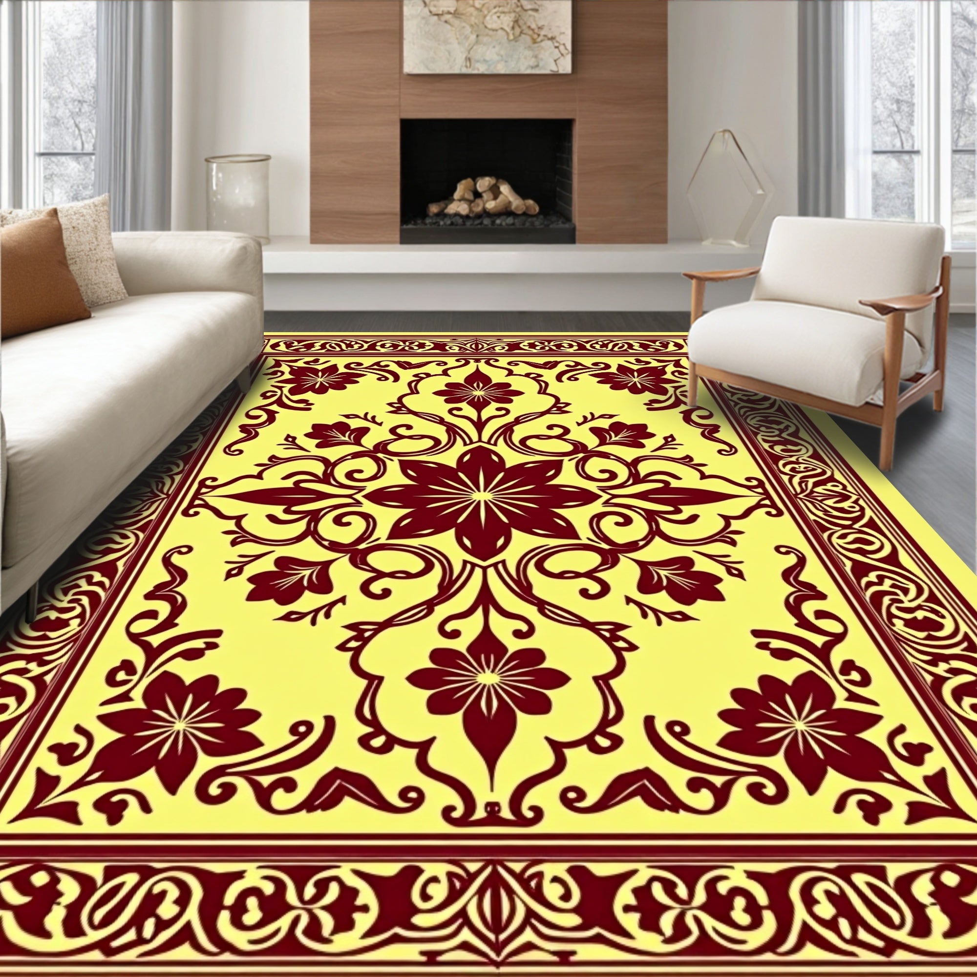 Ornate Red Floral Border Design Rug