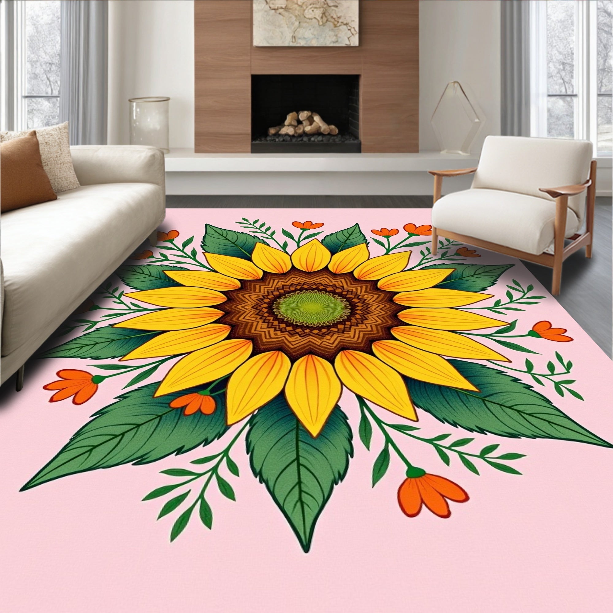 Golden Sunflower Floral Mandala Design Rug