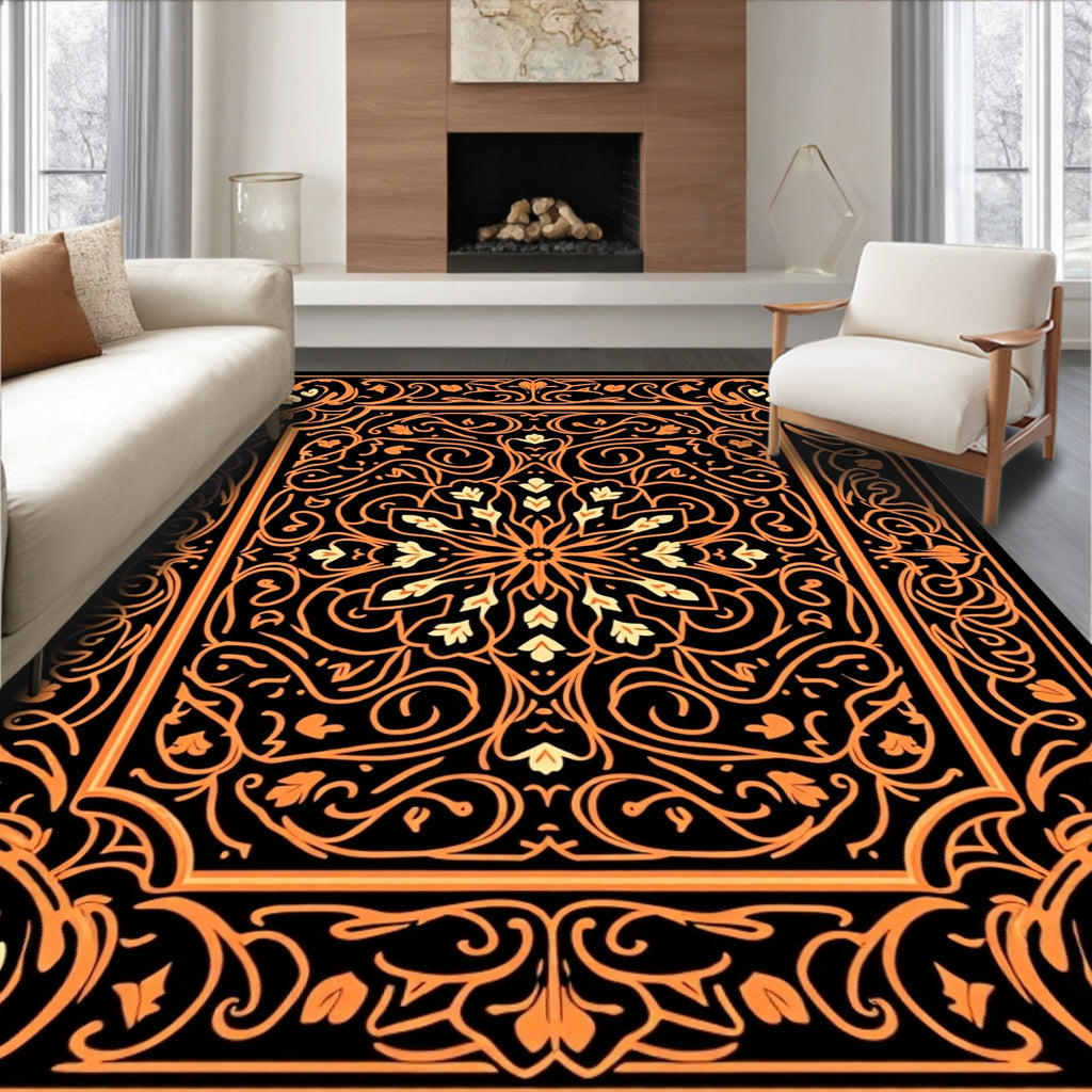 Rich Orange Black Floral Mandala Design Rug