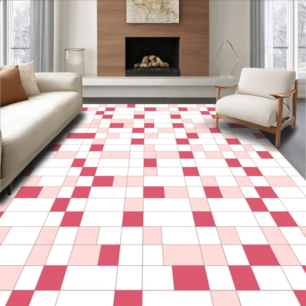 Pink And White Geometric Pixel Pattern Rug