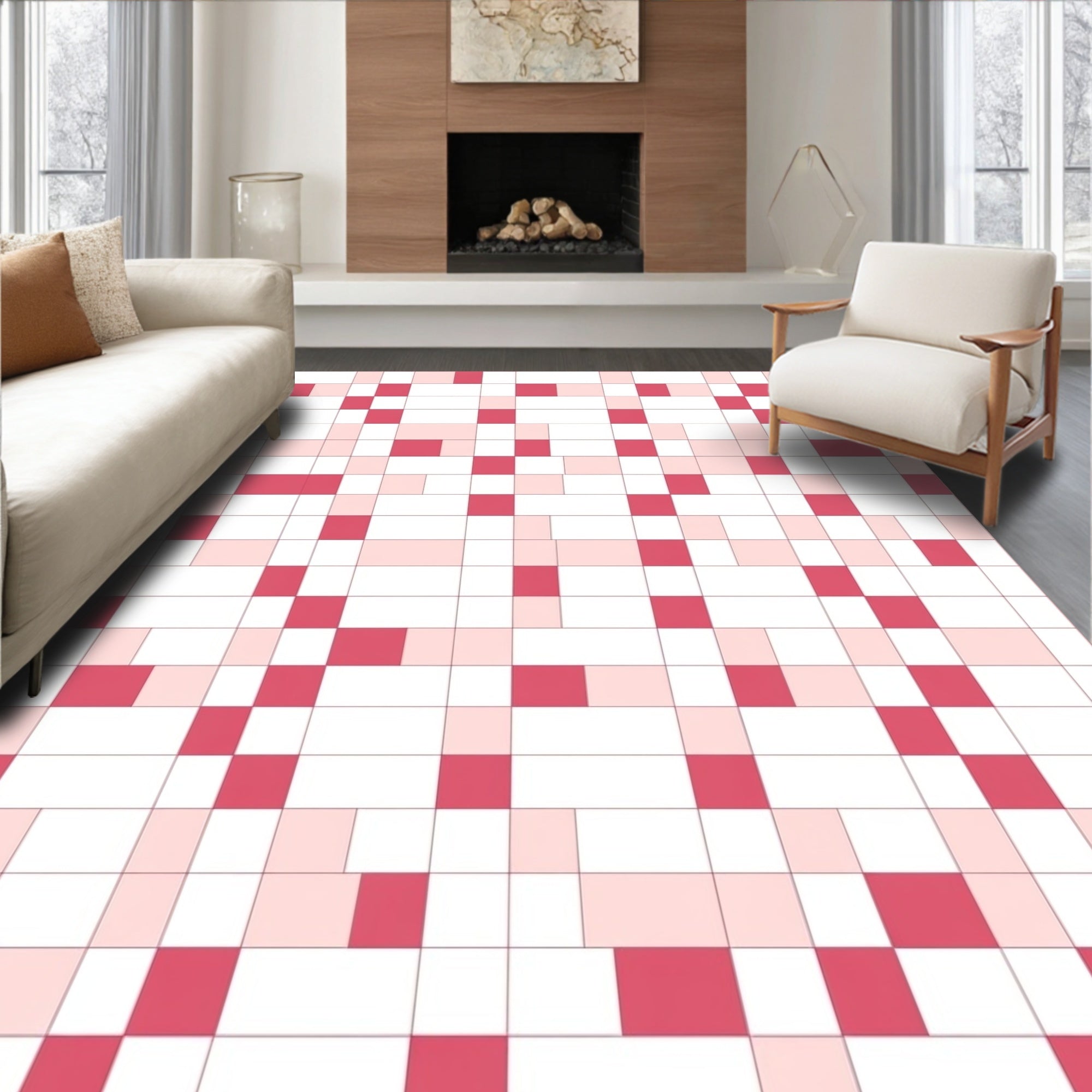 Pink And White Geometric Pixel Pattern Rug