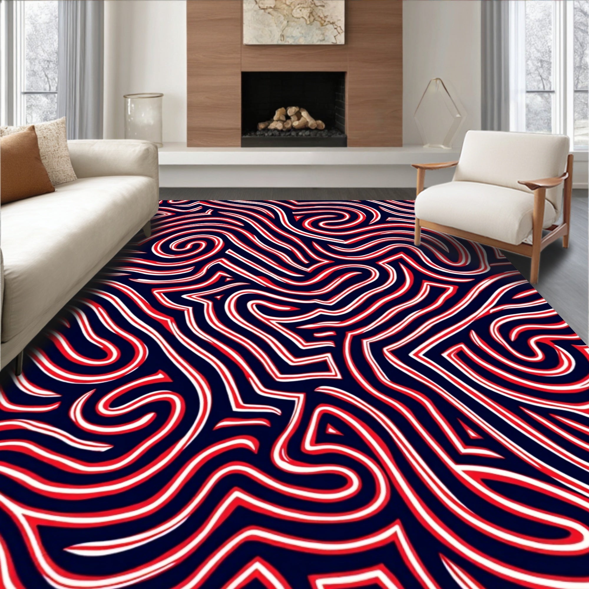 Navajo Red White Wavy Maze Rug