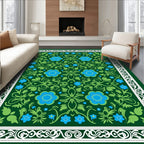 Embroidered Blue Floral Green Garden Rug