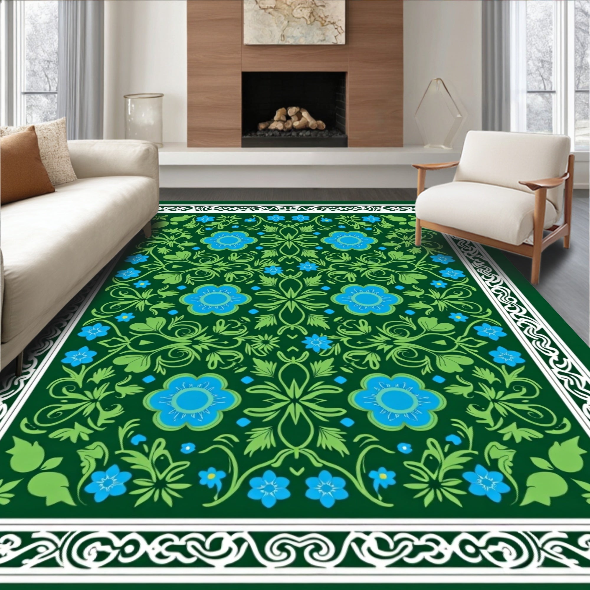 Embroidered Blue Floral Green Garden Rug