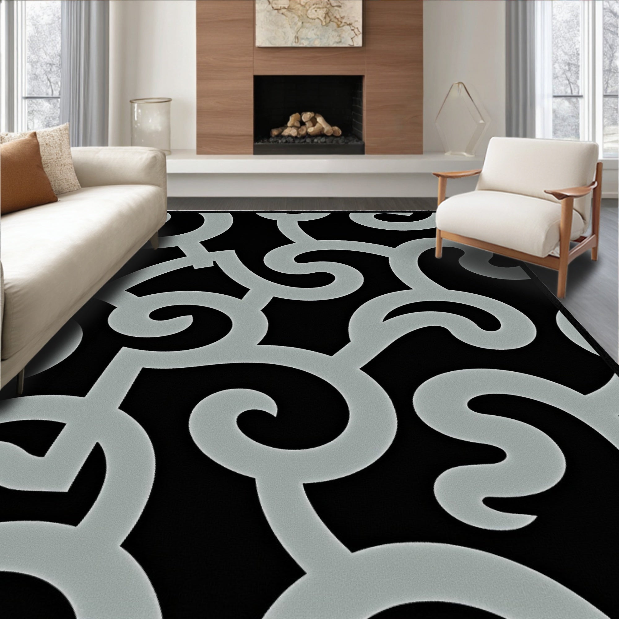 Abstract Swirl Black Gray Design Rug