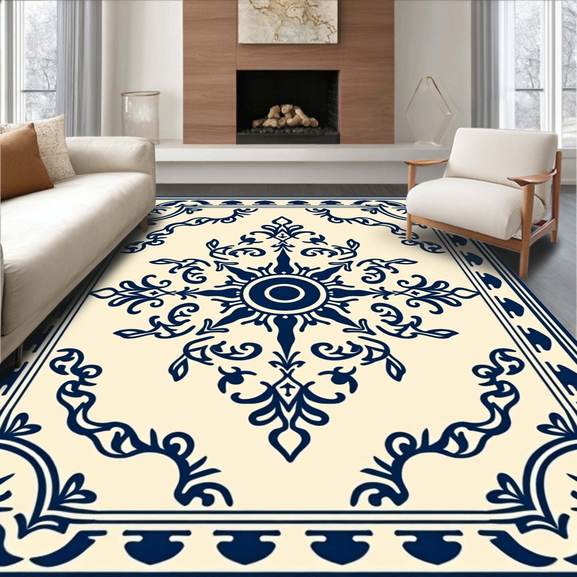 Navy Blue Ornamental Sunburst Rug