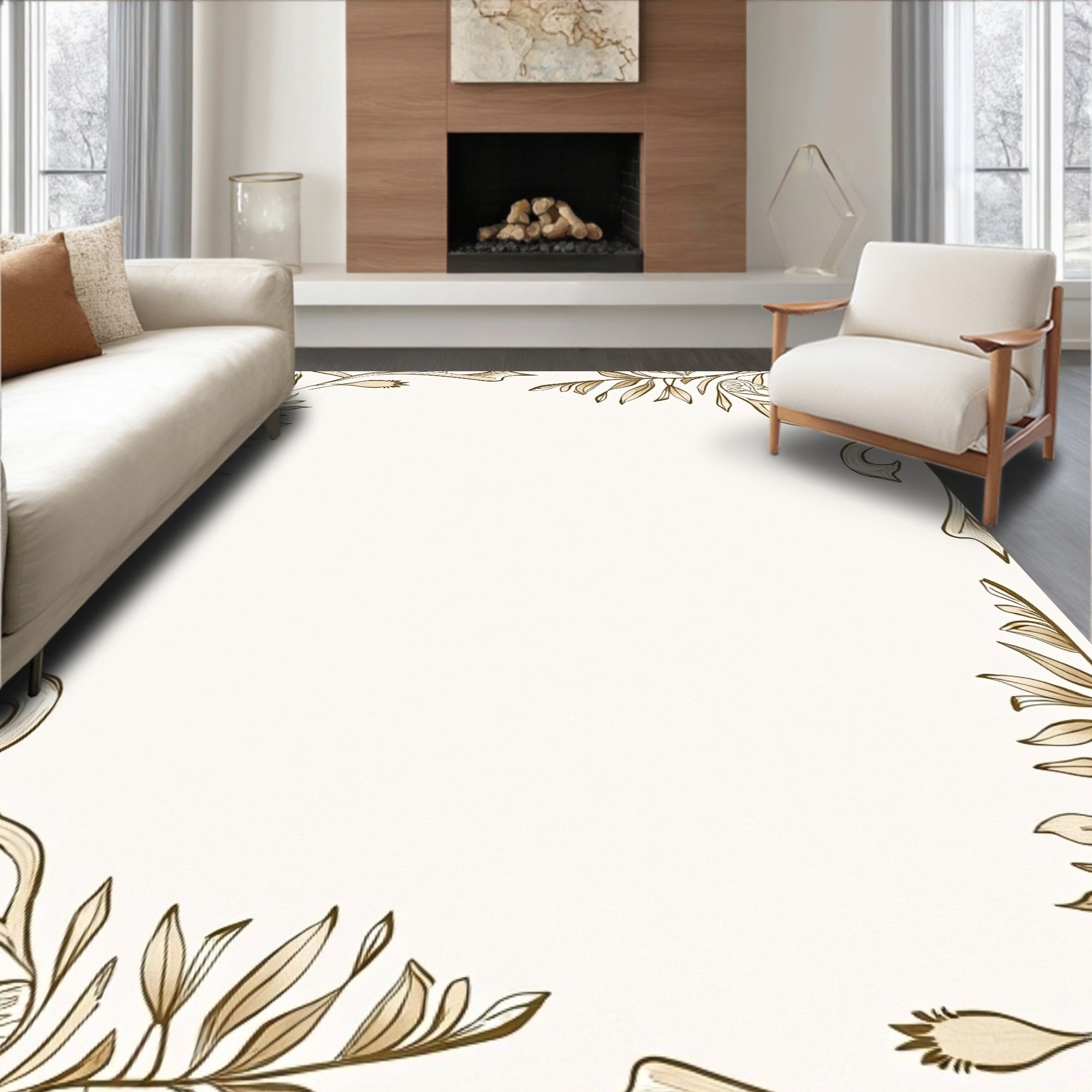 Earthy Toned Abstract Floral Border Rug