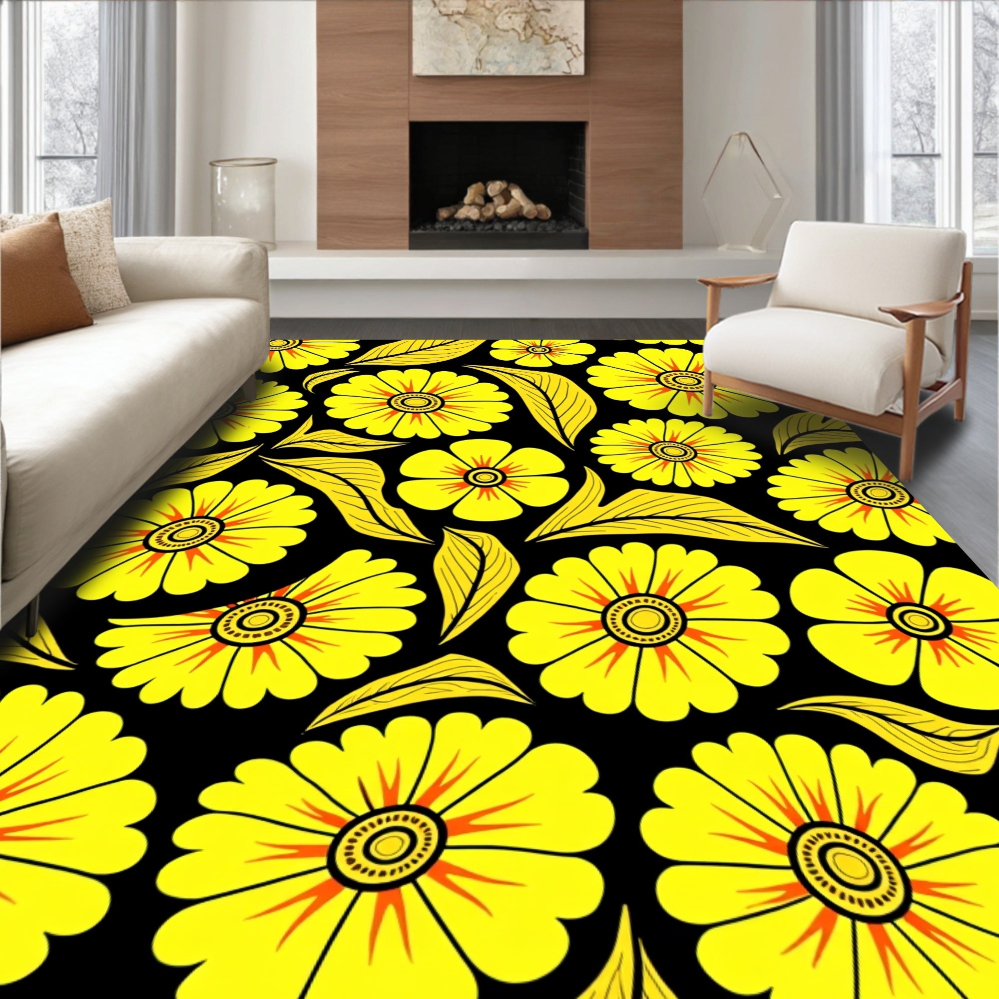 Yellow Flower Pattern Tile Design Rug