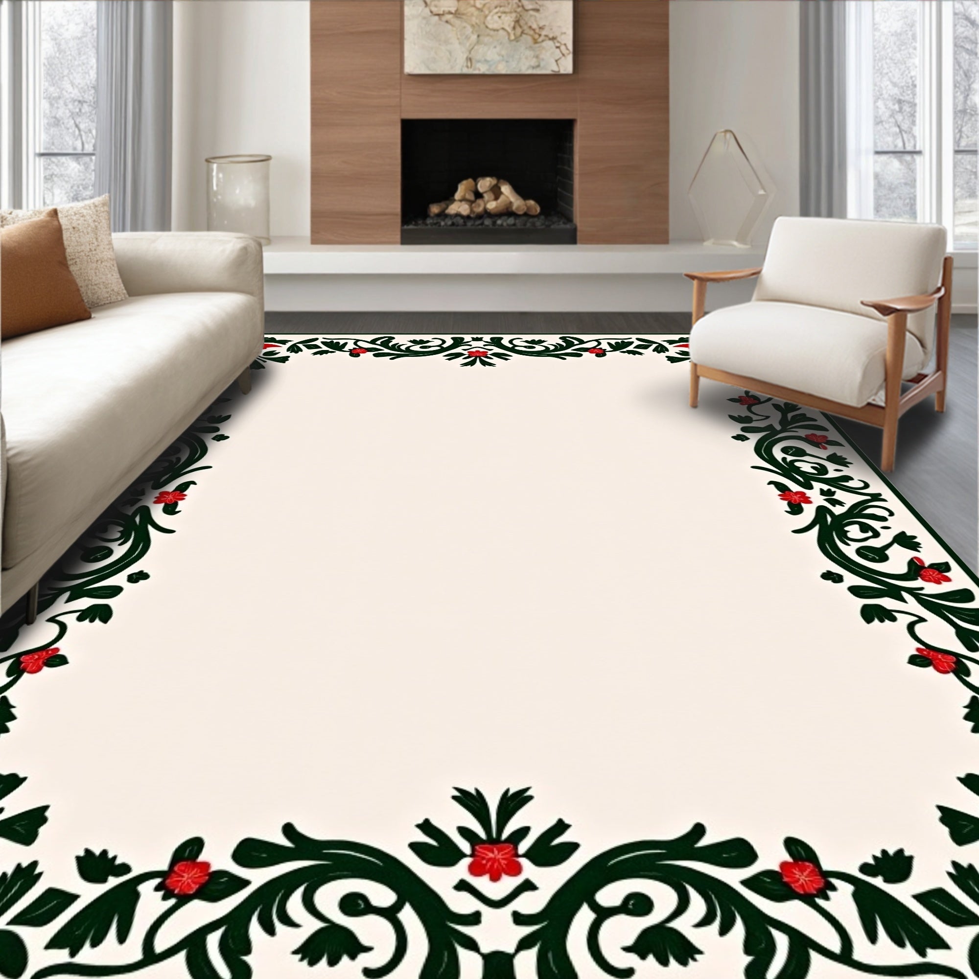 Vine and Blossom Floral Border Rug