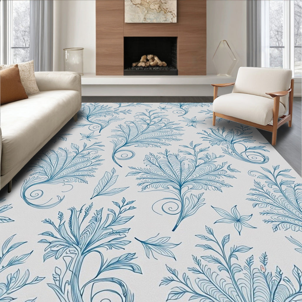 Detailed Blue Floral Swirl Motif Rug