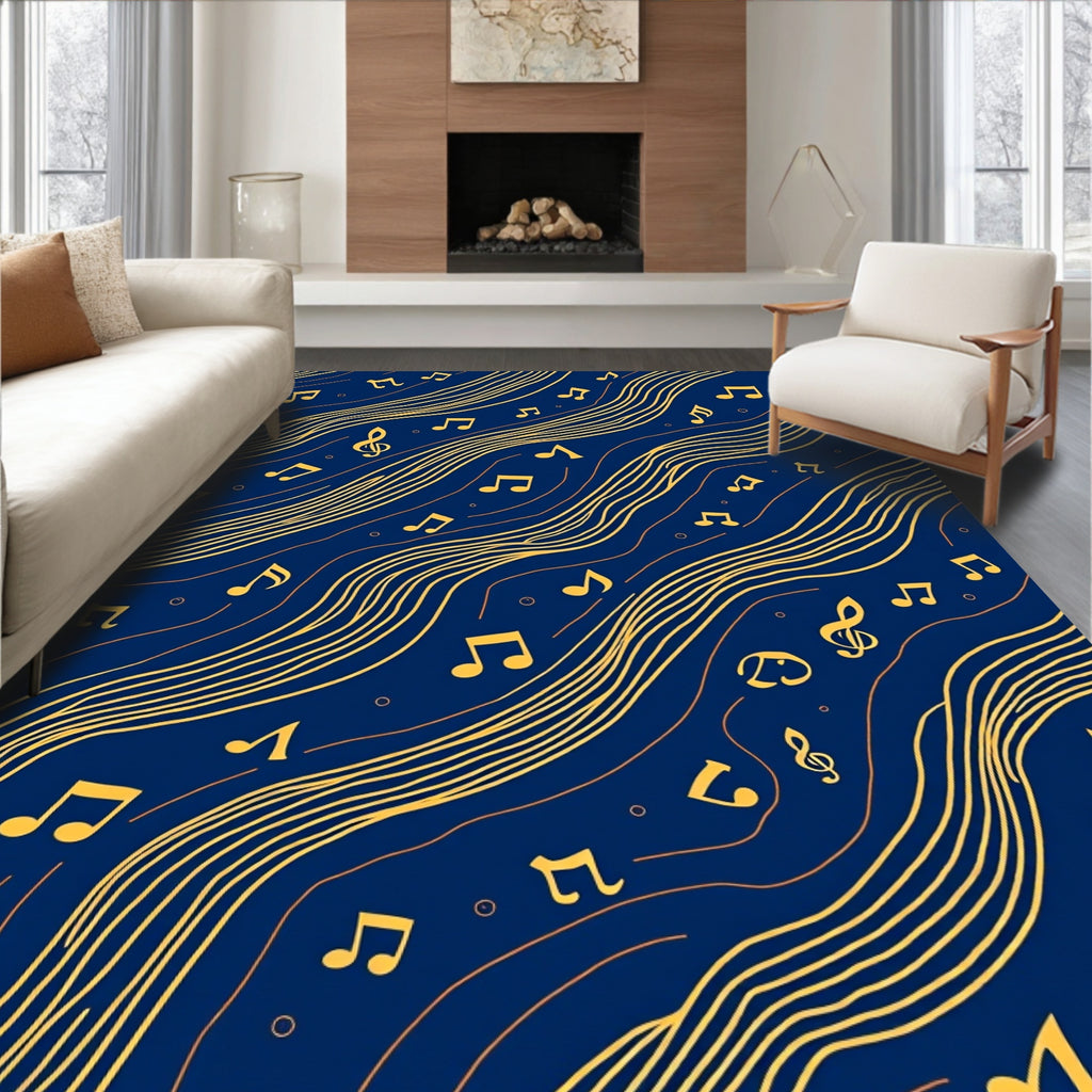 Golden Musical Notes Wavy Pattern Rug
