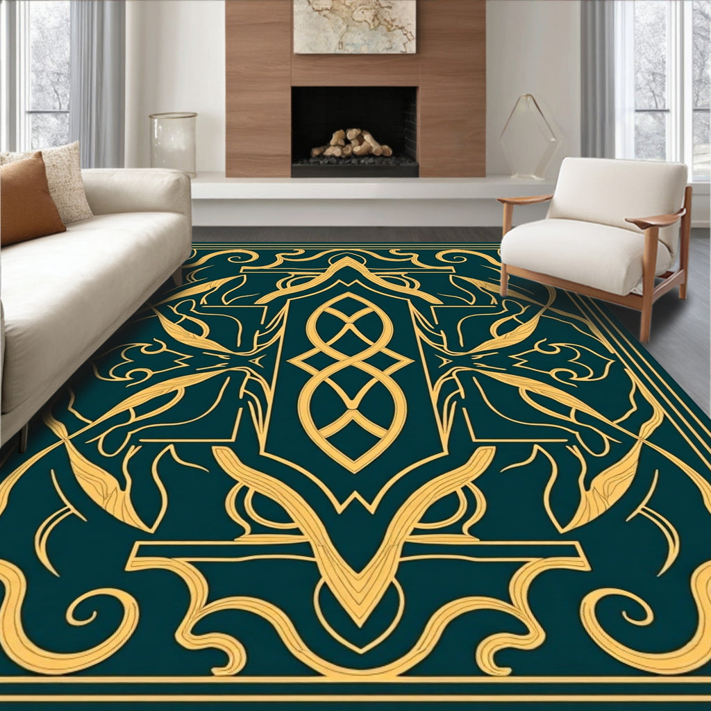 Elegant Gold Scrollwork Teal Rug