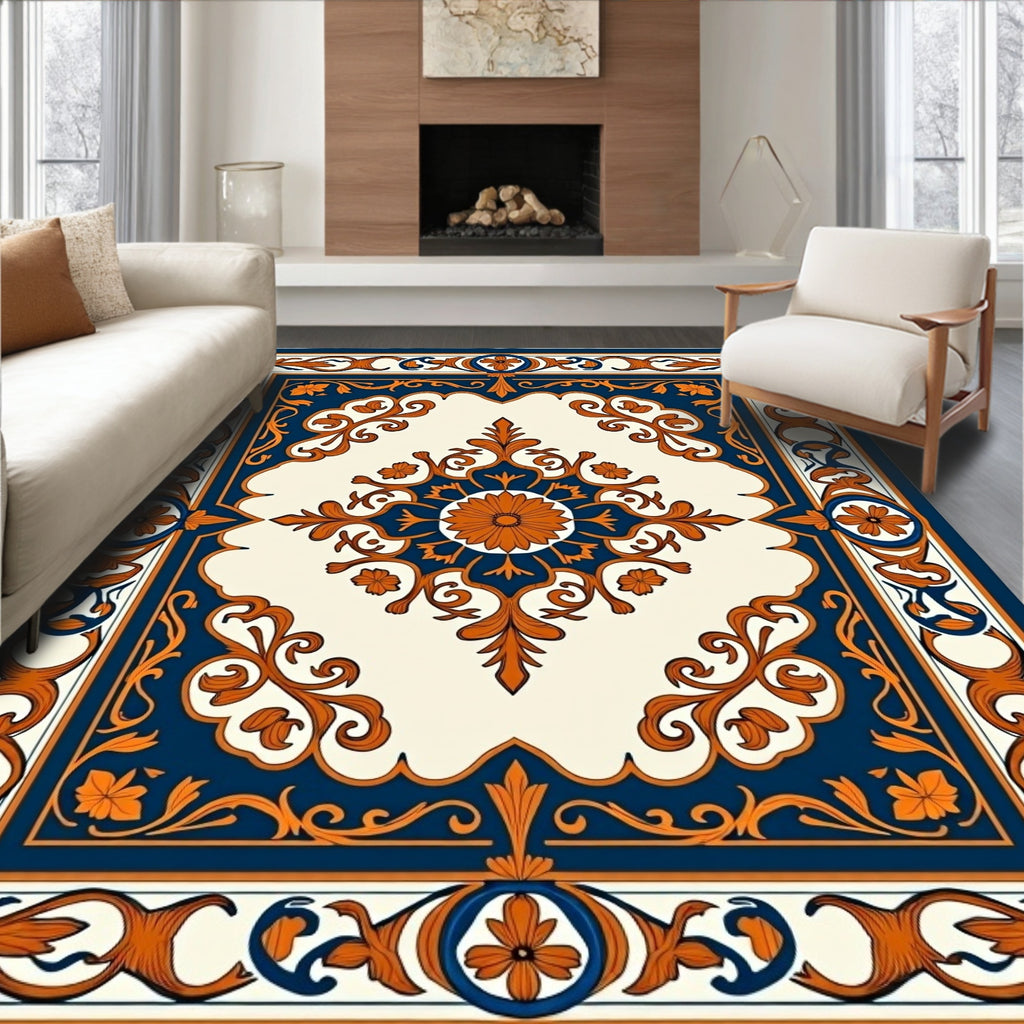 Ornate Blue Orange Floral Pattern Rug