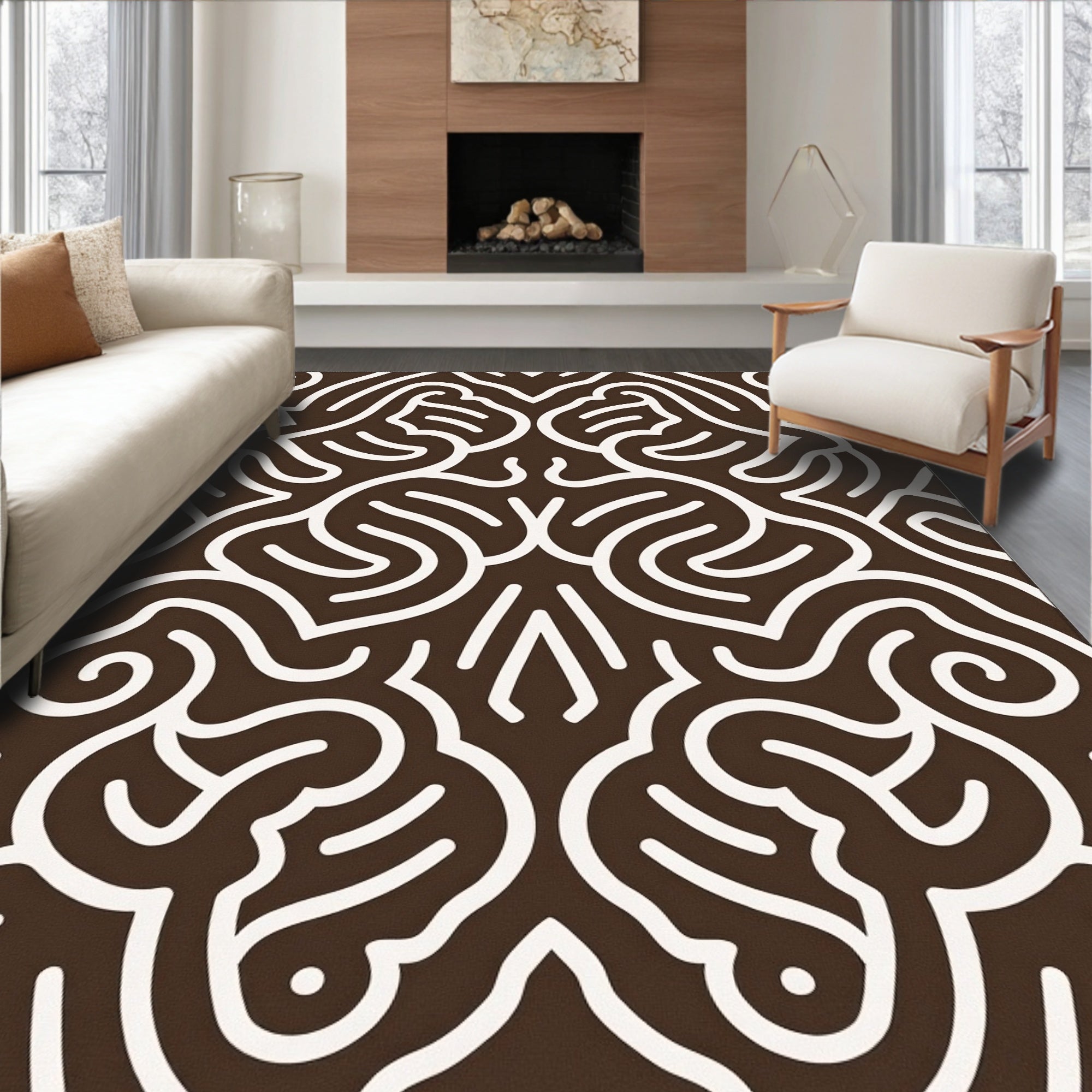 Brown White Continuous Line Art Rug