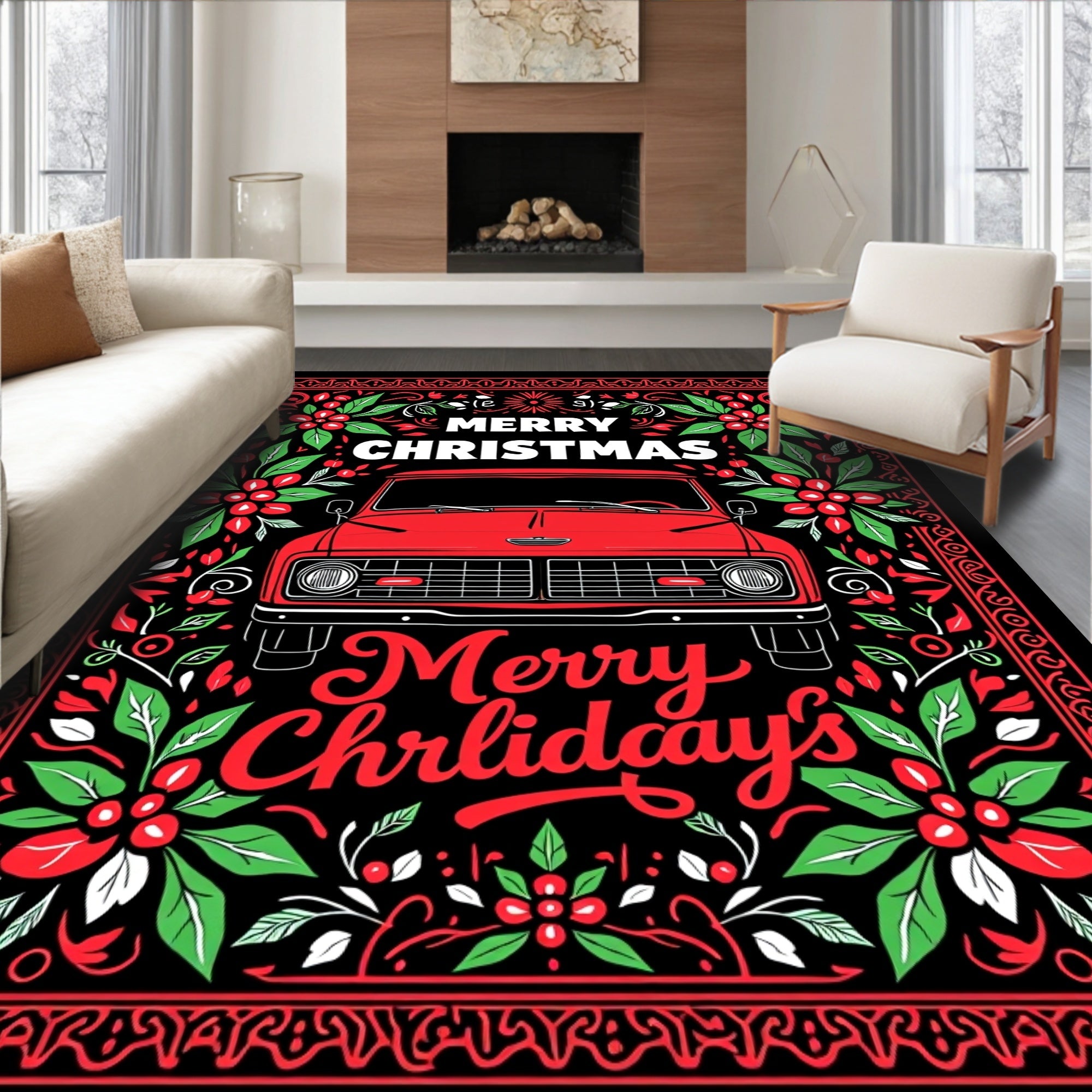 Red Truck Holly Christmas Garland Rug