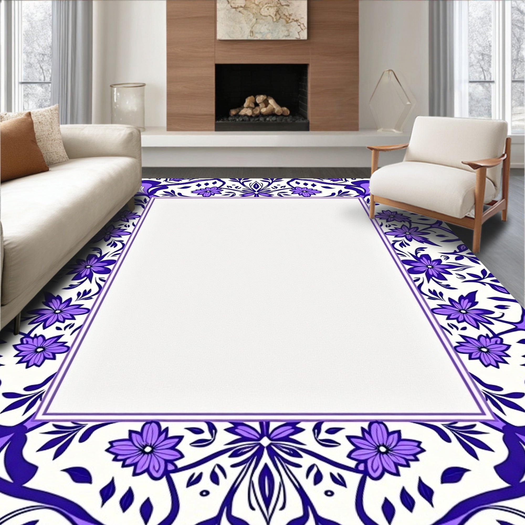 Vibrant Purple Floral Medallion Border Rug