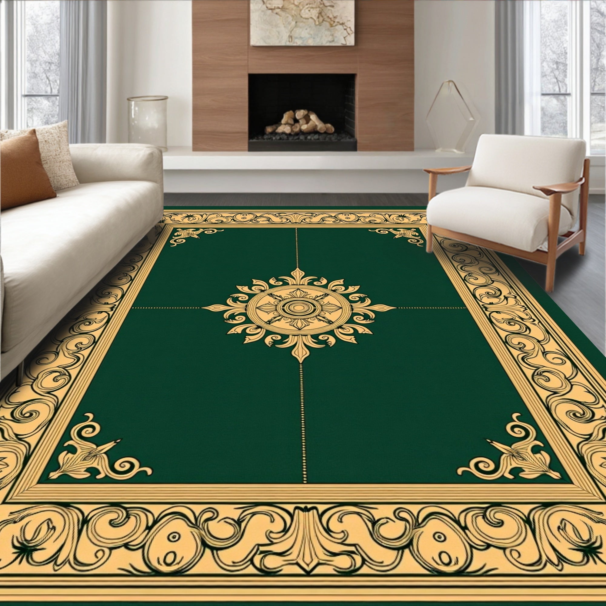 Rich Green And Gold Scroll Rug