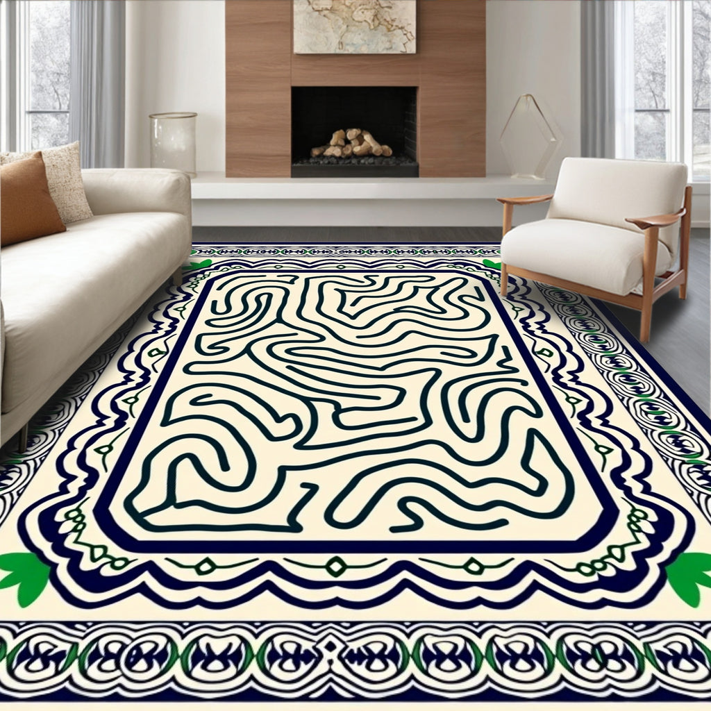Maze Patterned Deep Blue Green Rug