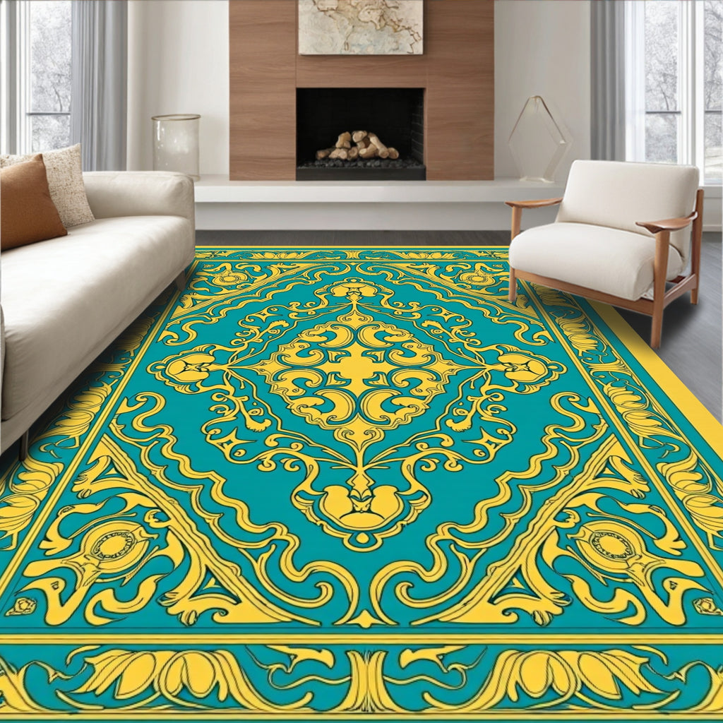 Golden Floral Teal Medallion Pattern Rug