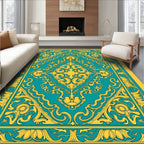 Golden Floral Teal Medallion Pattern Rug