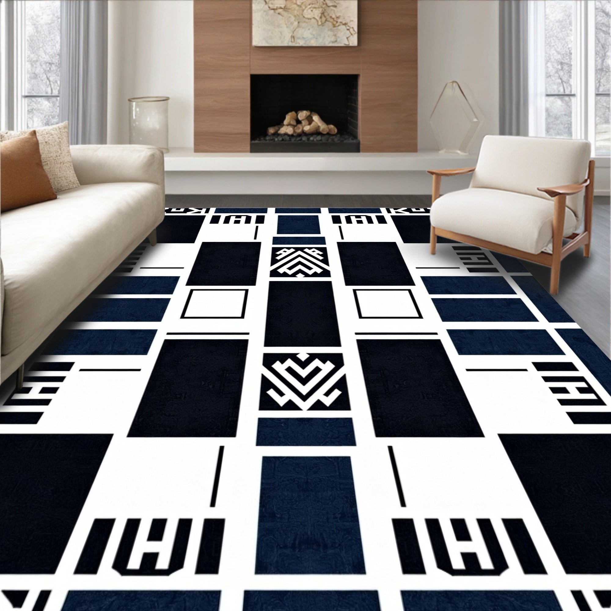 Geometric Art Deco Black And White Rug