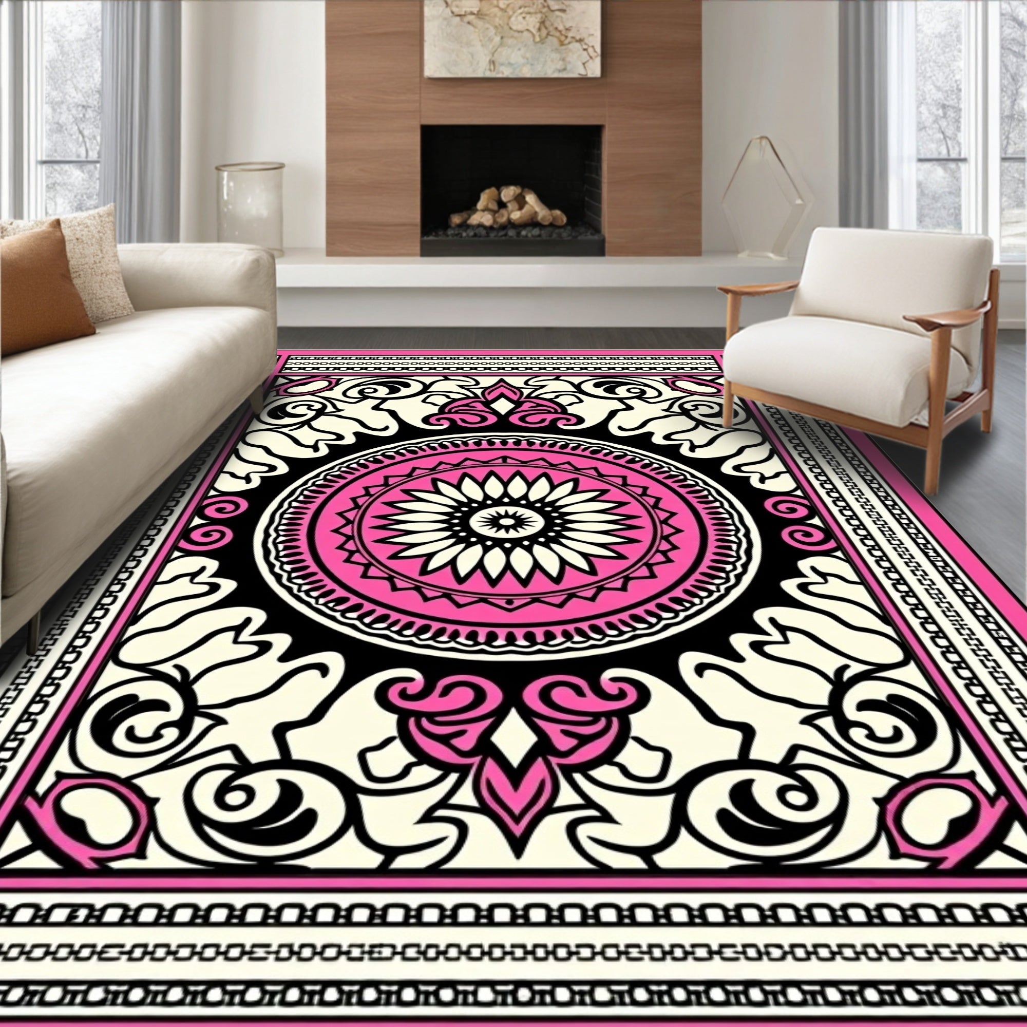Pink Ivory Black Floral Mandala Pattern Rug