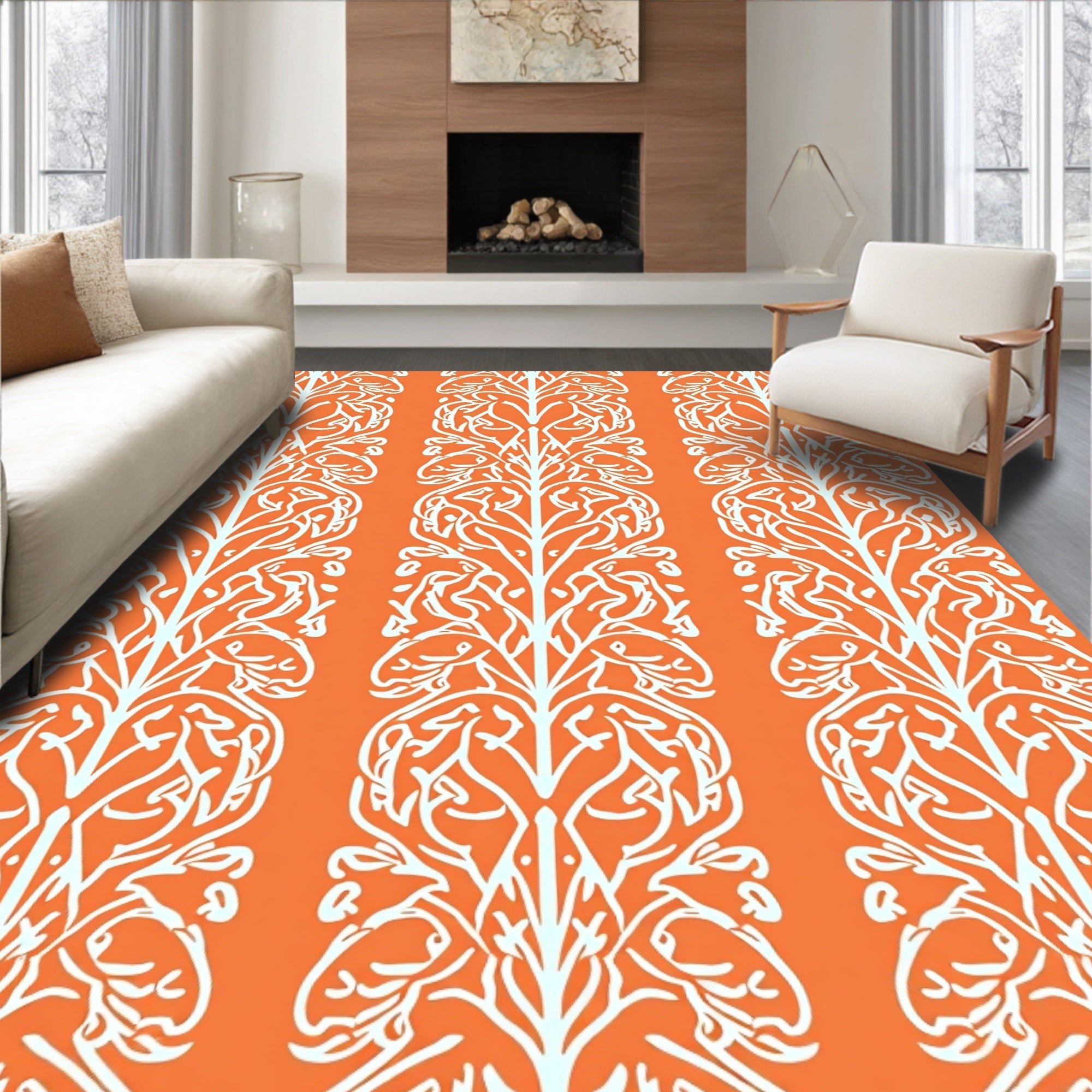 Ornate White Leafy Vine Pattern Rug