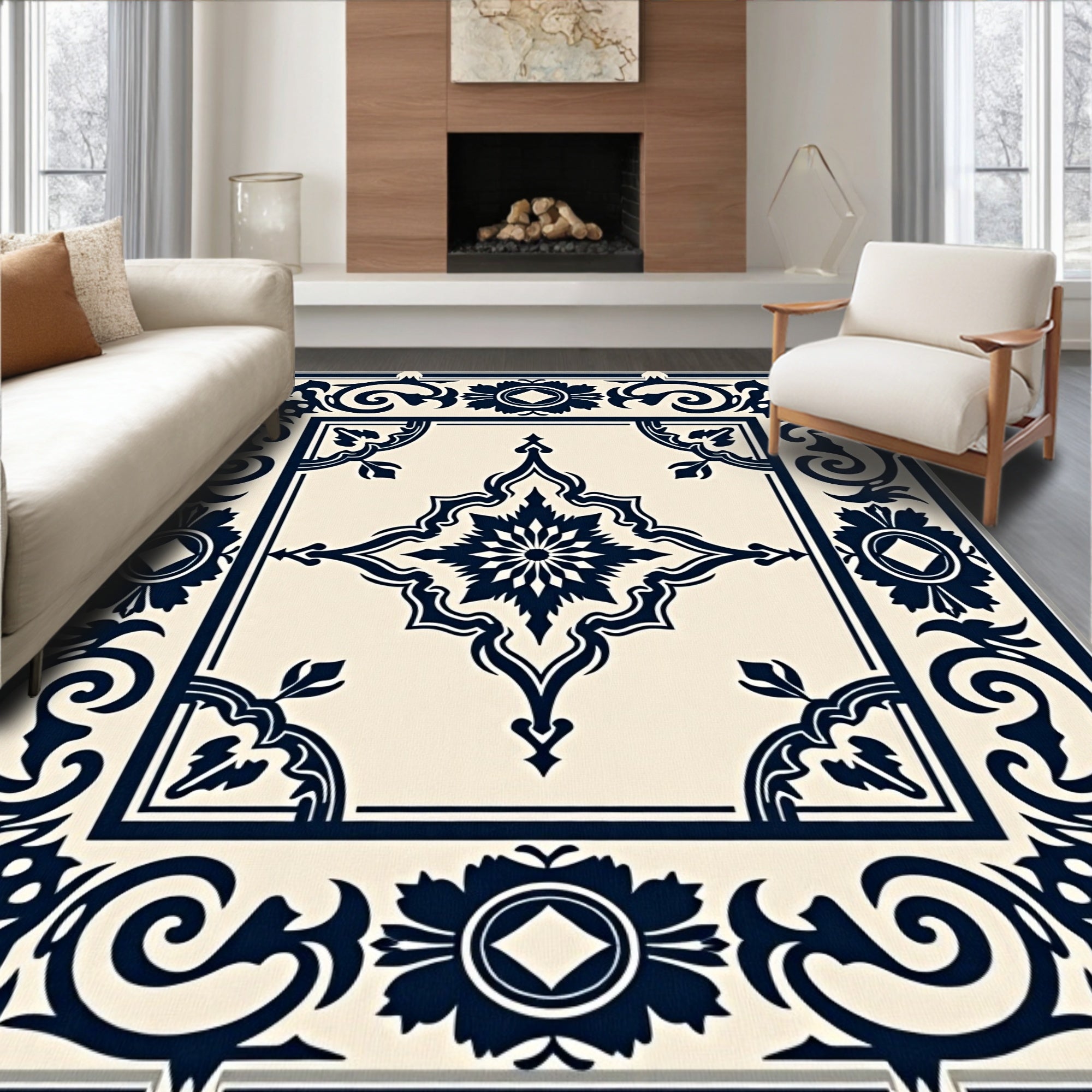 Classic Navy Floral Medallion Patterned Rug