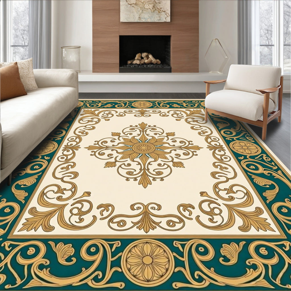 Ornate Teal Gold Floral Pattern Rug