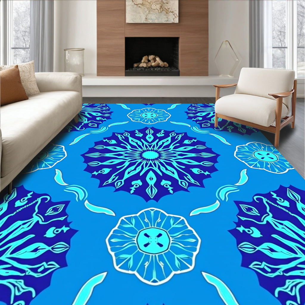 Deep Blue Cyan Floral Medallion Arrangement Rug