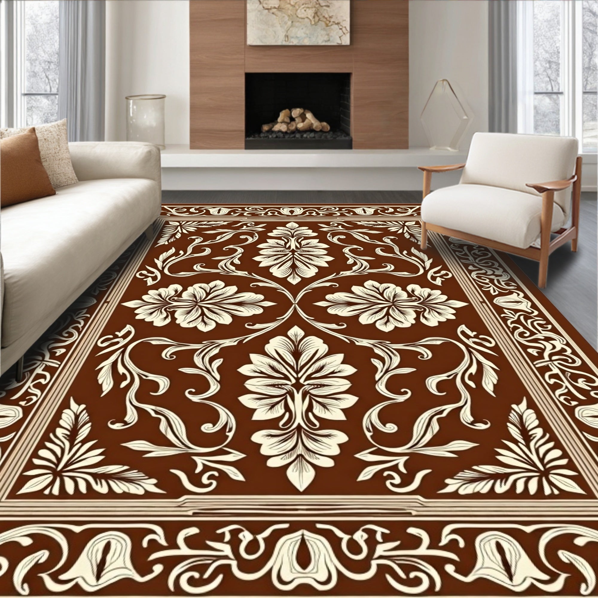 Classic Floral Ornament Brown Rug