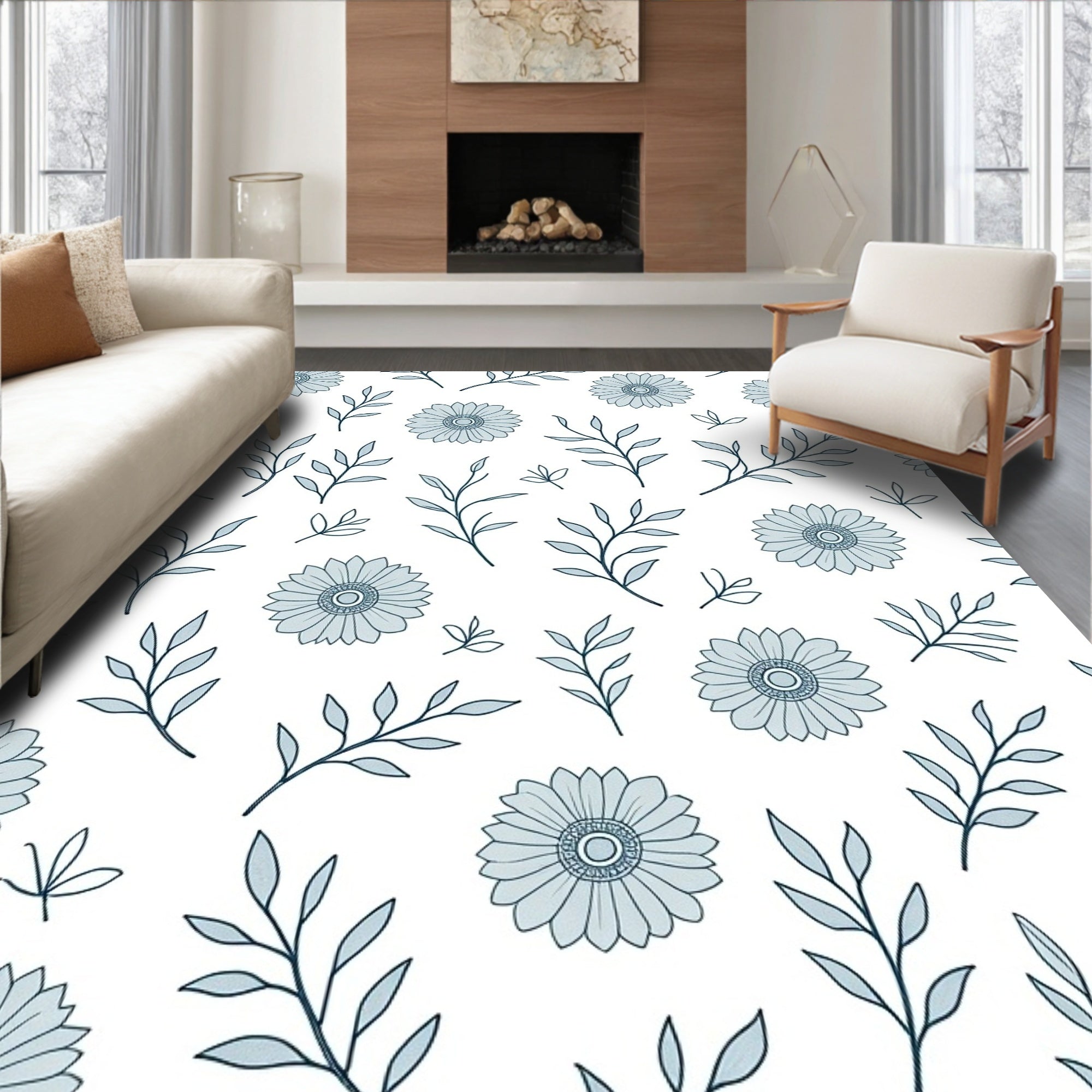 Light Blue Floral Leaf Pattern Rug