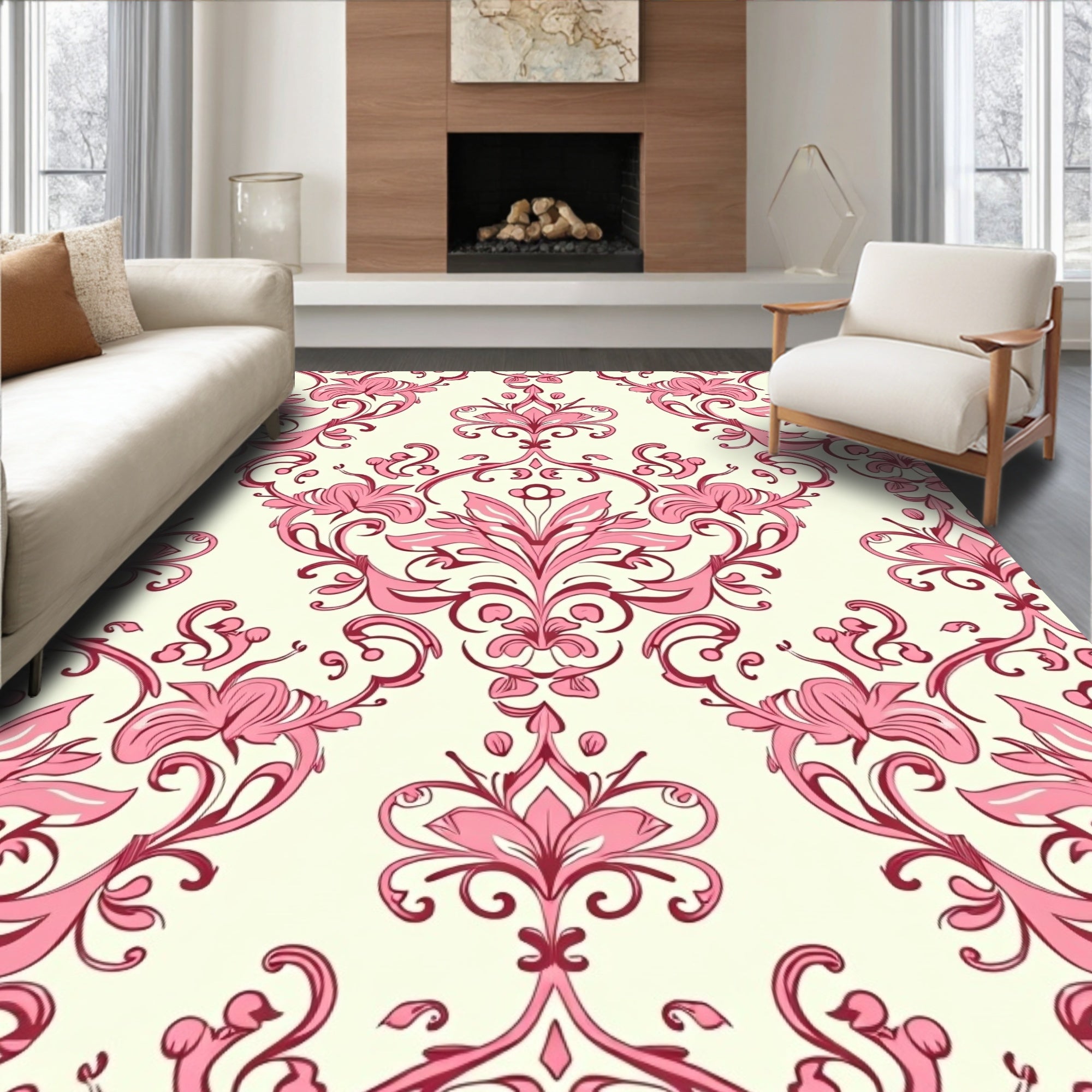 Ornate Damask Pink Floral Design Rug