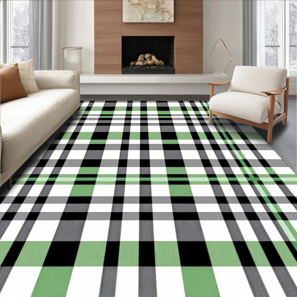Green White Black Tartan Plaid Rug