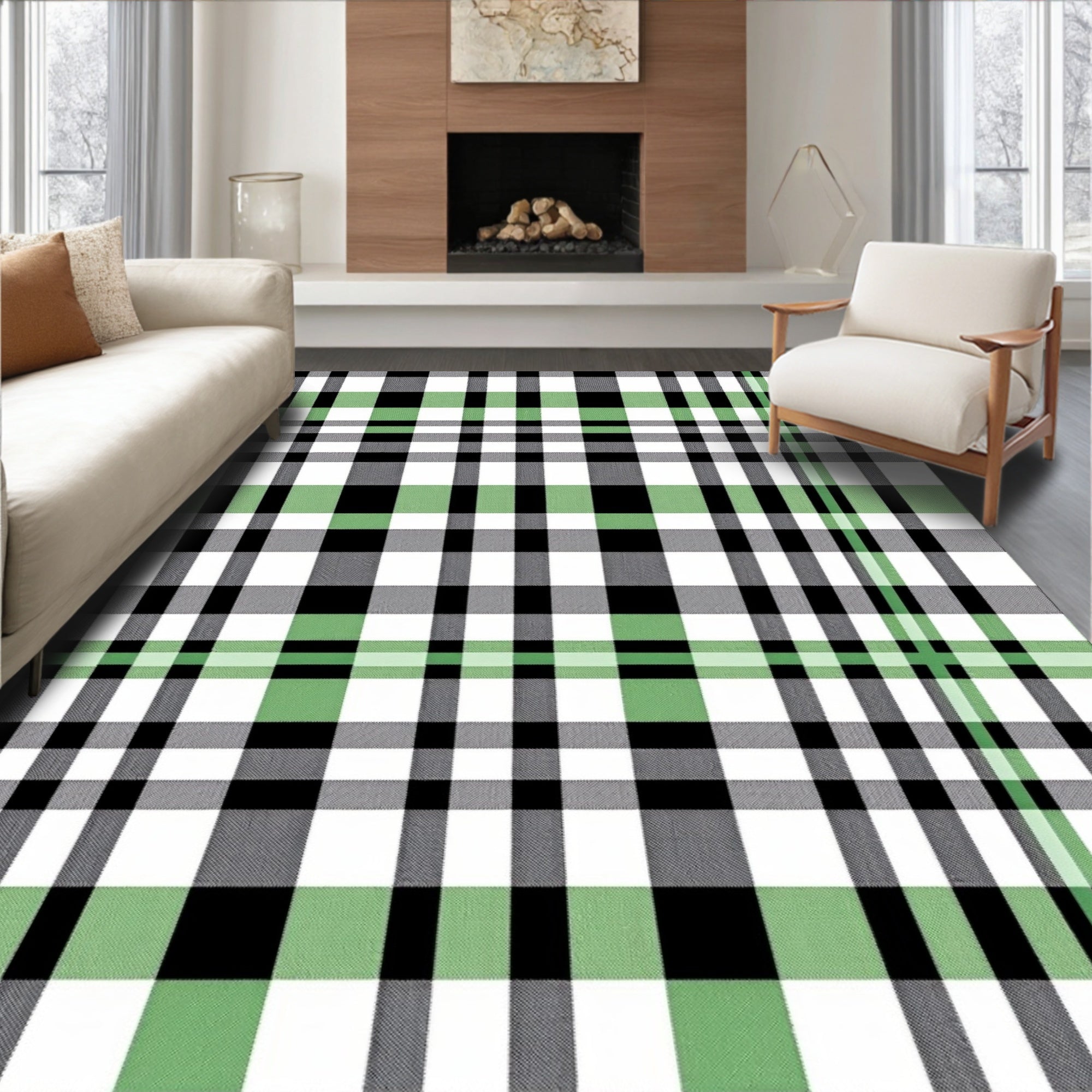 Green White Black Tartan Plaid Rug