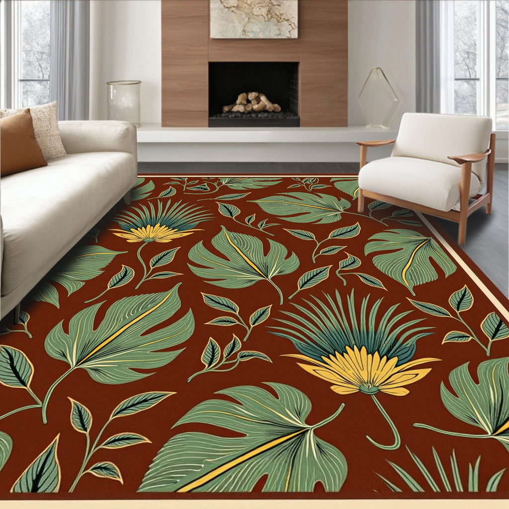 Green Leafy Floral Pattern With Yellow Accents Rug