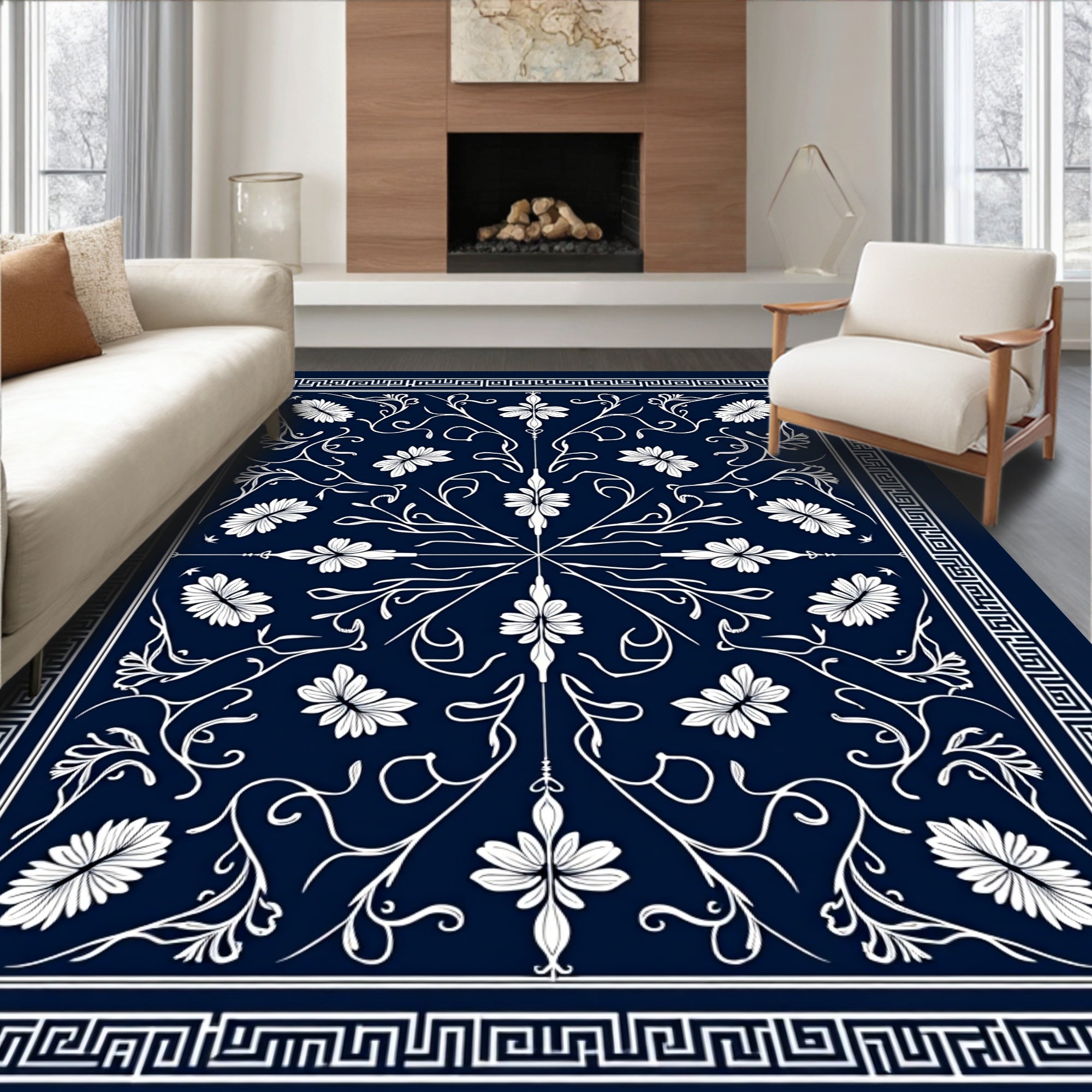 Classic Floral Vine With Geometric Border Rug