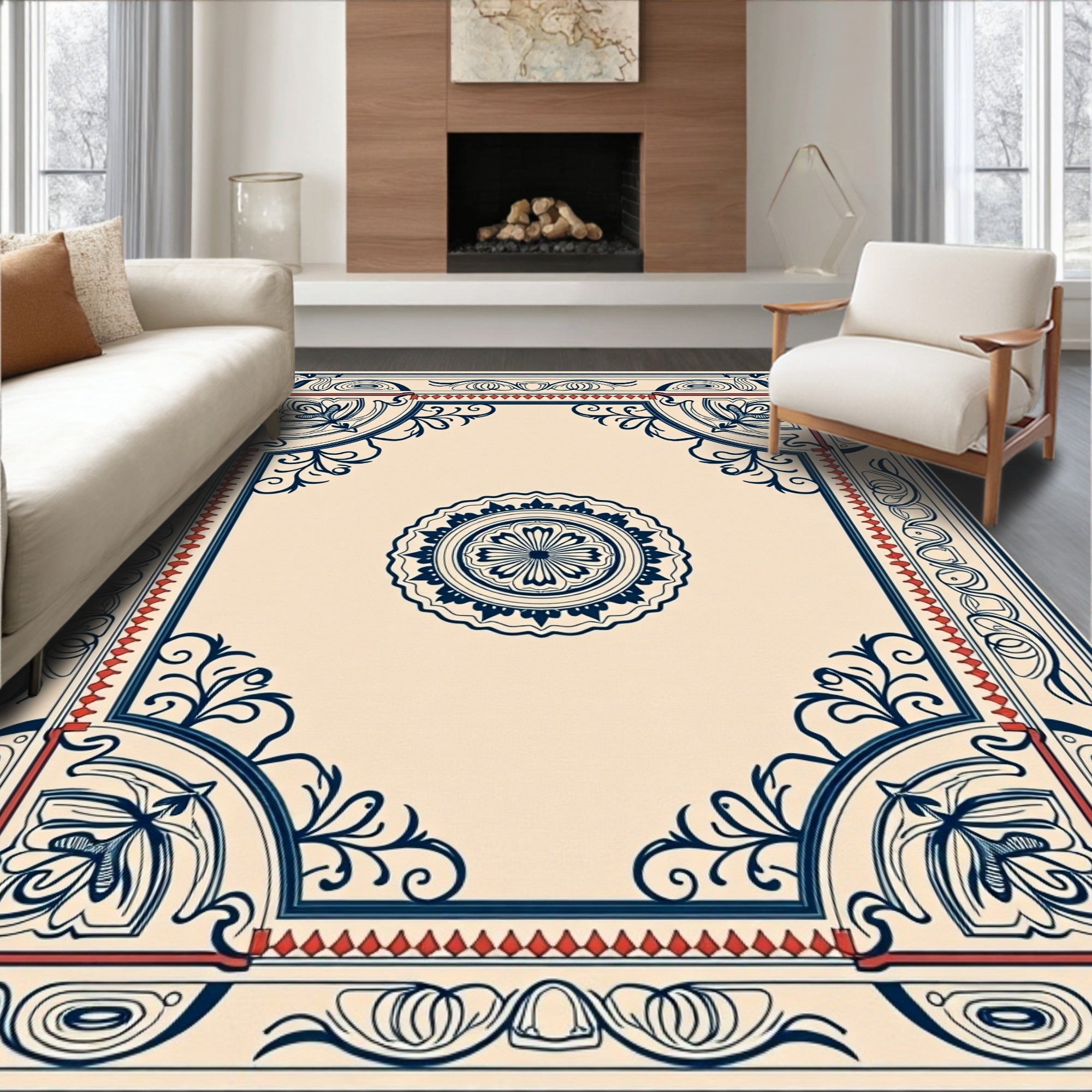 Ornate Floral Medallion Border Design Rug
